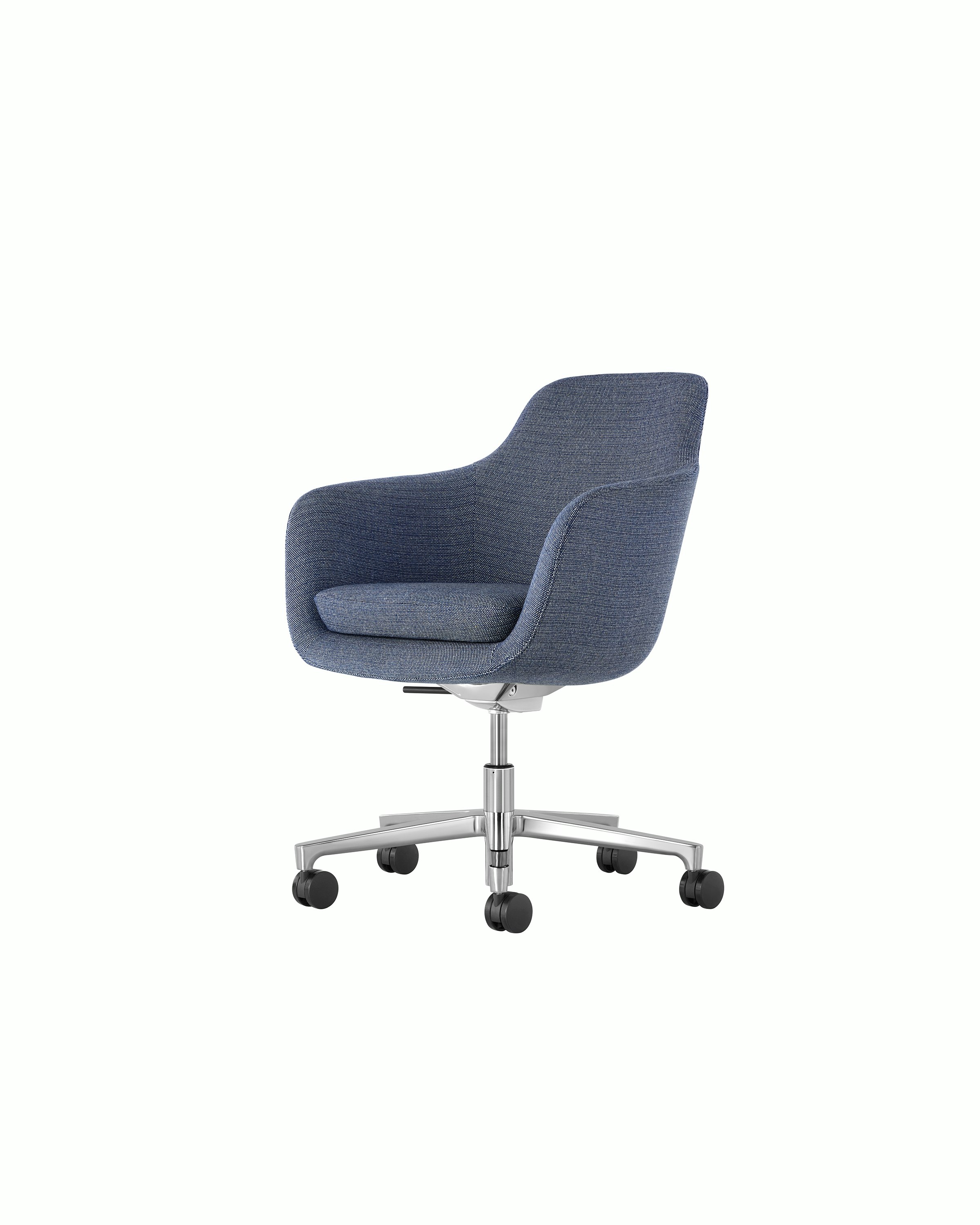 A Saiba Chair with light blue upholstery and casters, viewed from an angle.