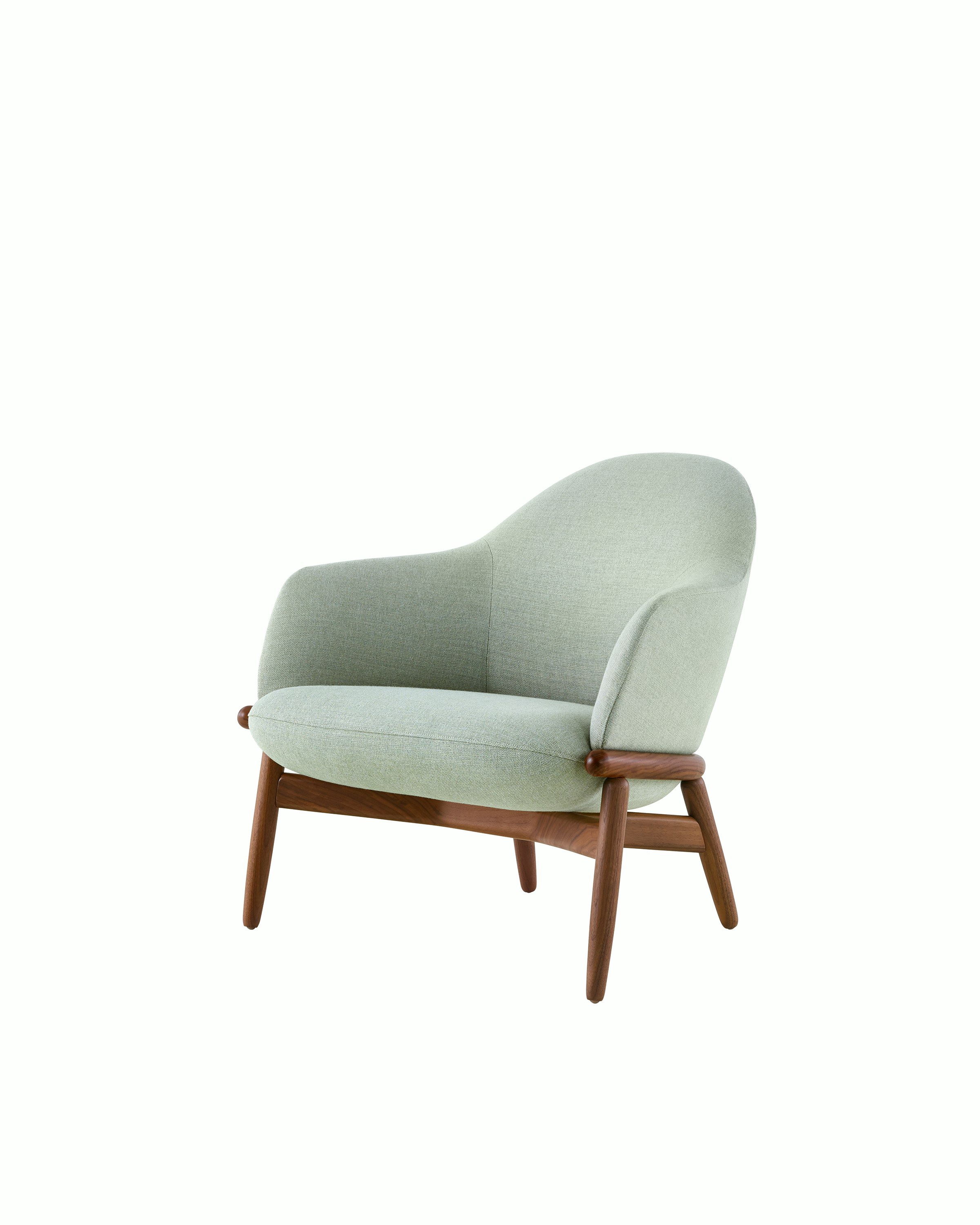 Reframe Mid-Back Lounge Chair with walnut base and beach glass textile, three-quarter front view.