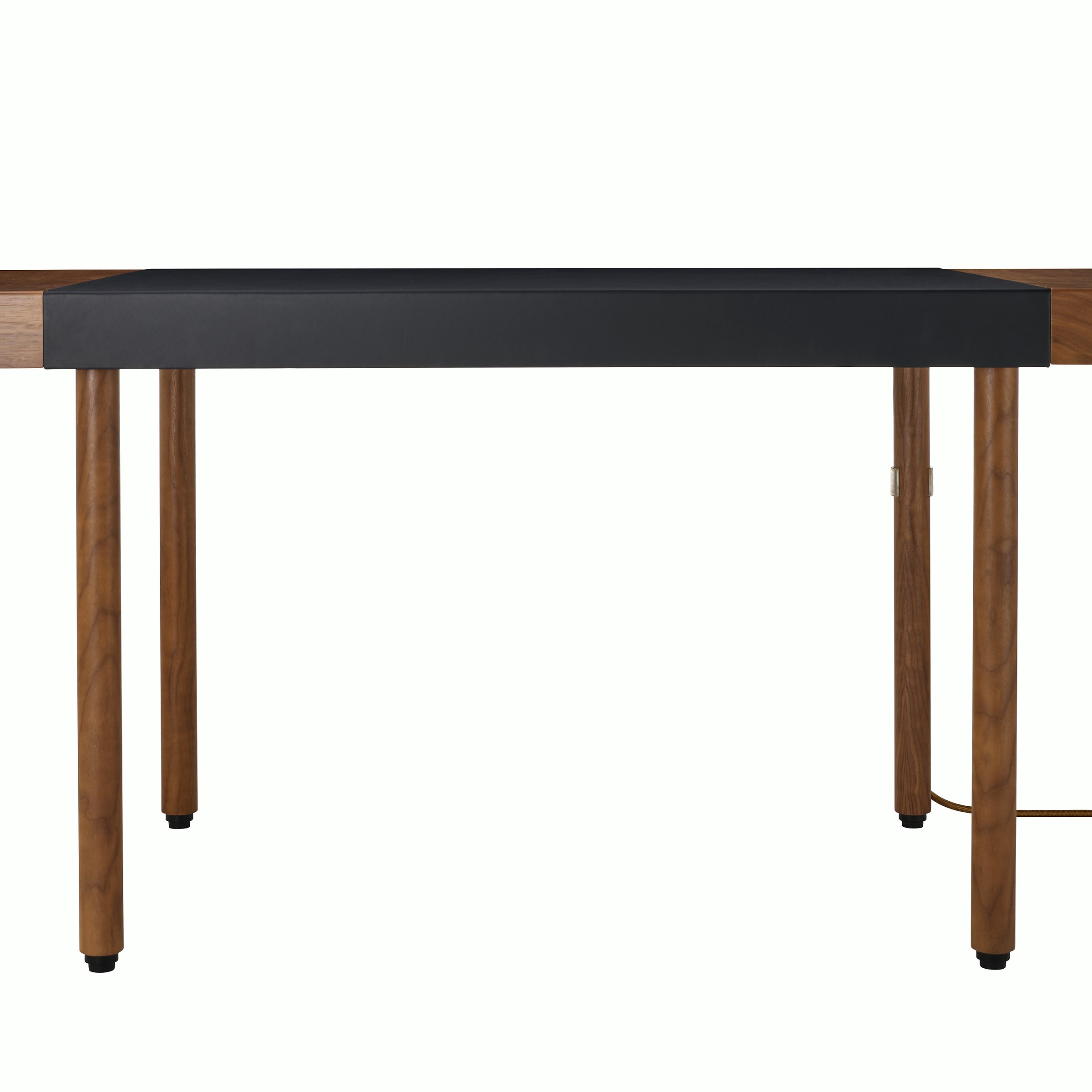 New Canaan Leatherwrap Sit-to-Stand Desk in Walnut and Black Leather, close up front view.