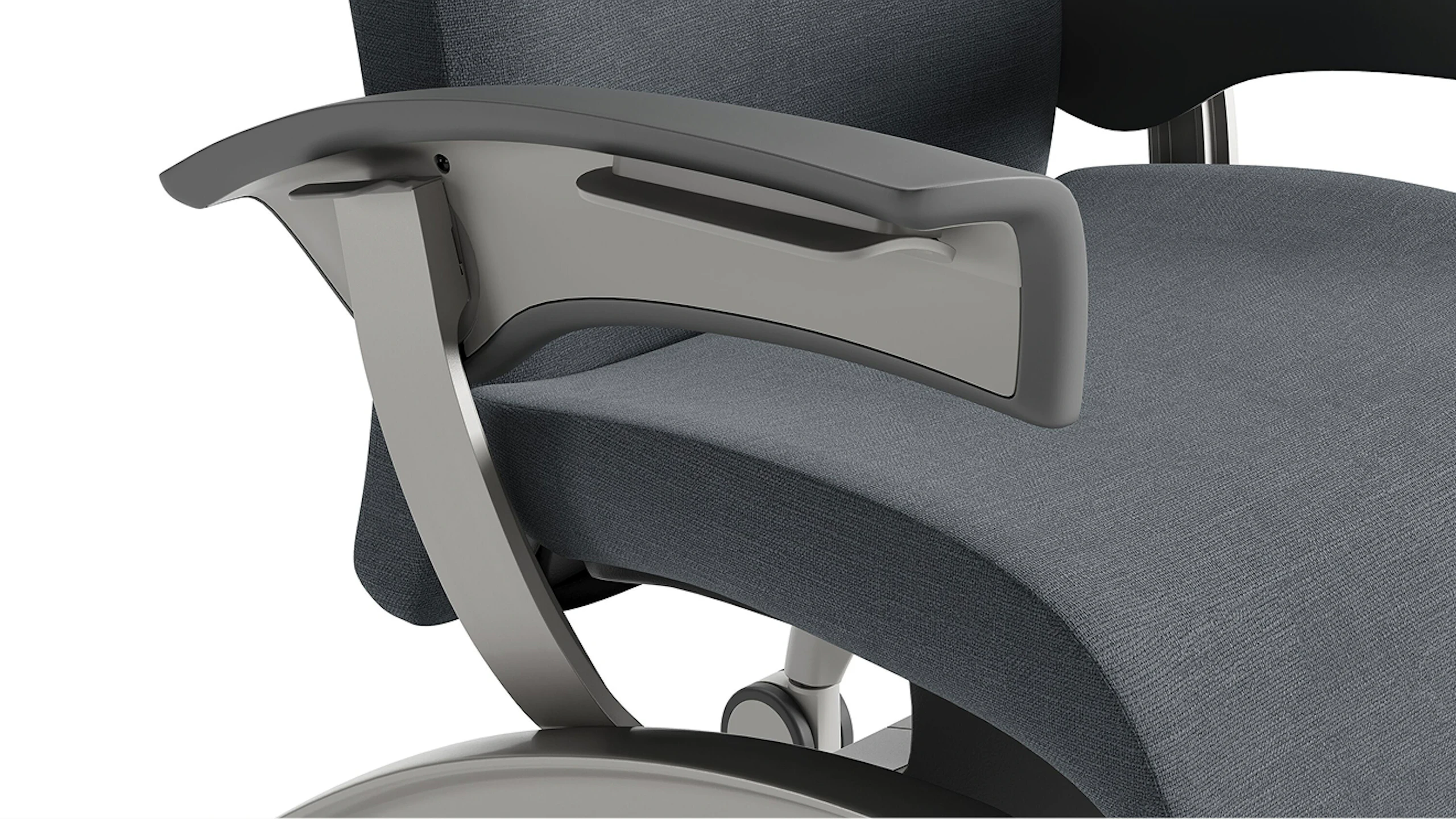 A close-up of the grey blue arm handle of a Herman Miller Nemschoff Nala Patient Chair