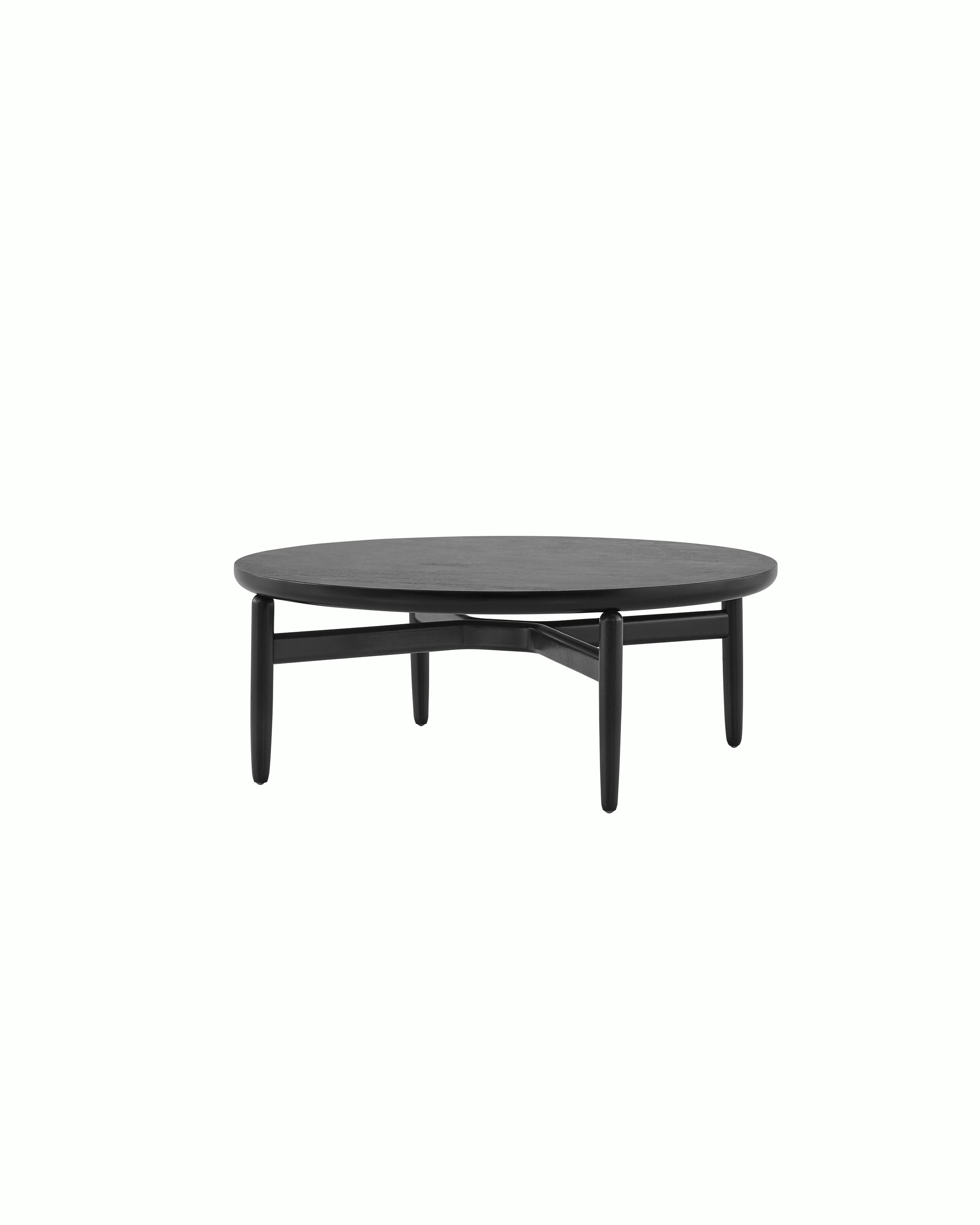 A round Reframe occasional table with a black wood finish.
