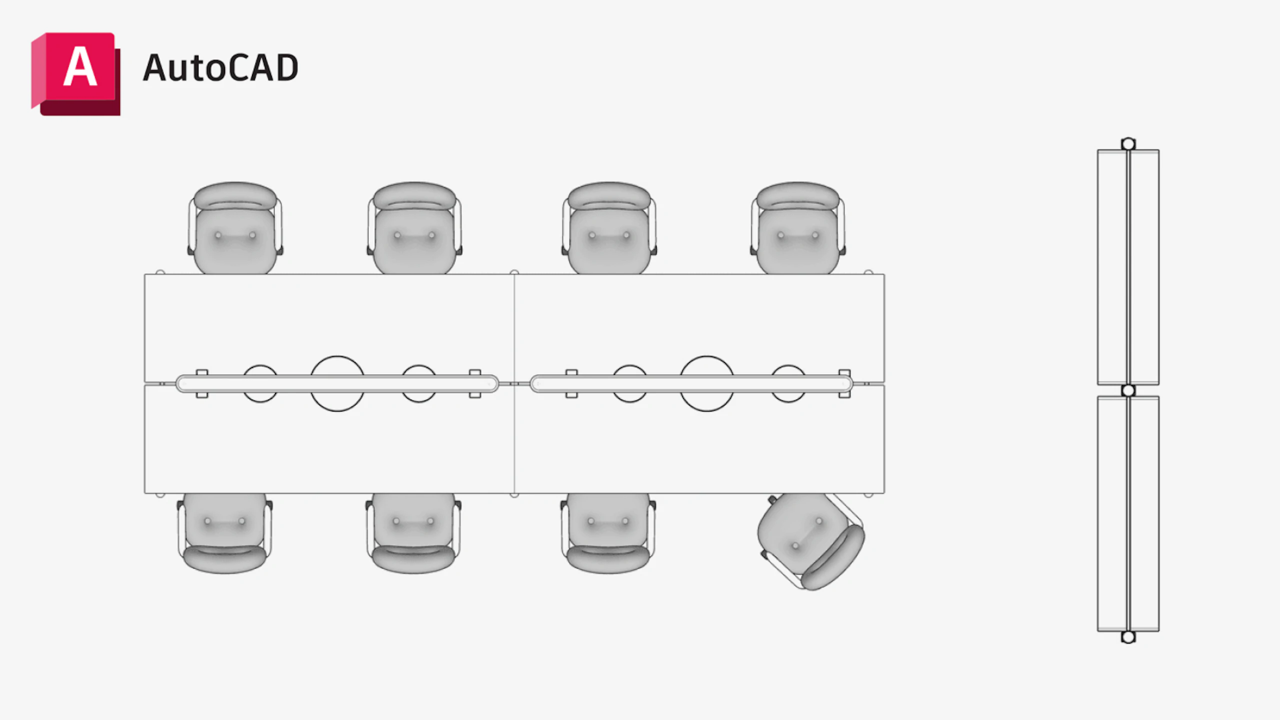 Plan view AutoCAD drawing of a conference room layout with a selection of products from the MillerKnoll collective. A long rectangular table is centered with eight Knoll Morrison Hannah task chairs.