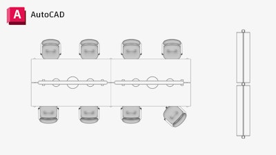 Plan view AutoCAD drawing of a conference room layout with a selection of products from the MillerKnoll collective. A long rectangular table is centered with eight Knoll Morrison Hannah task chairs.