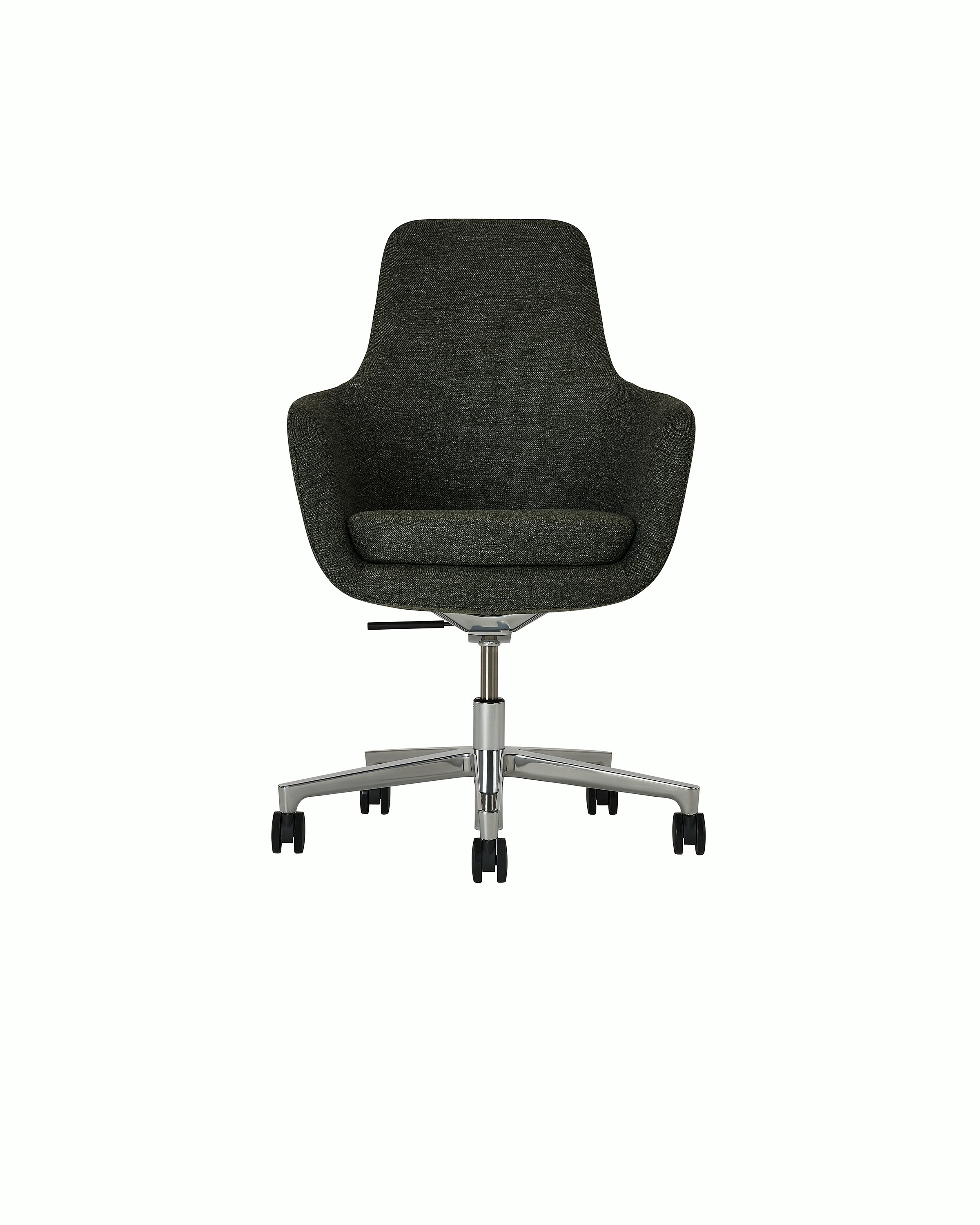 Saiba High Back Conference Chair designed by Naoto Fukasawa upholstered in Bellano in Black Green with a polished aluminum base, shown front-facing on a white sweep.