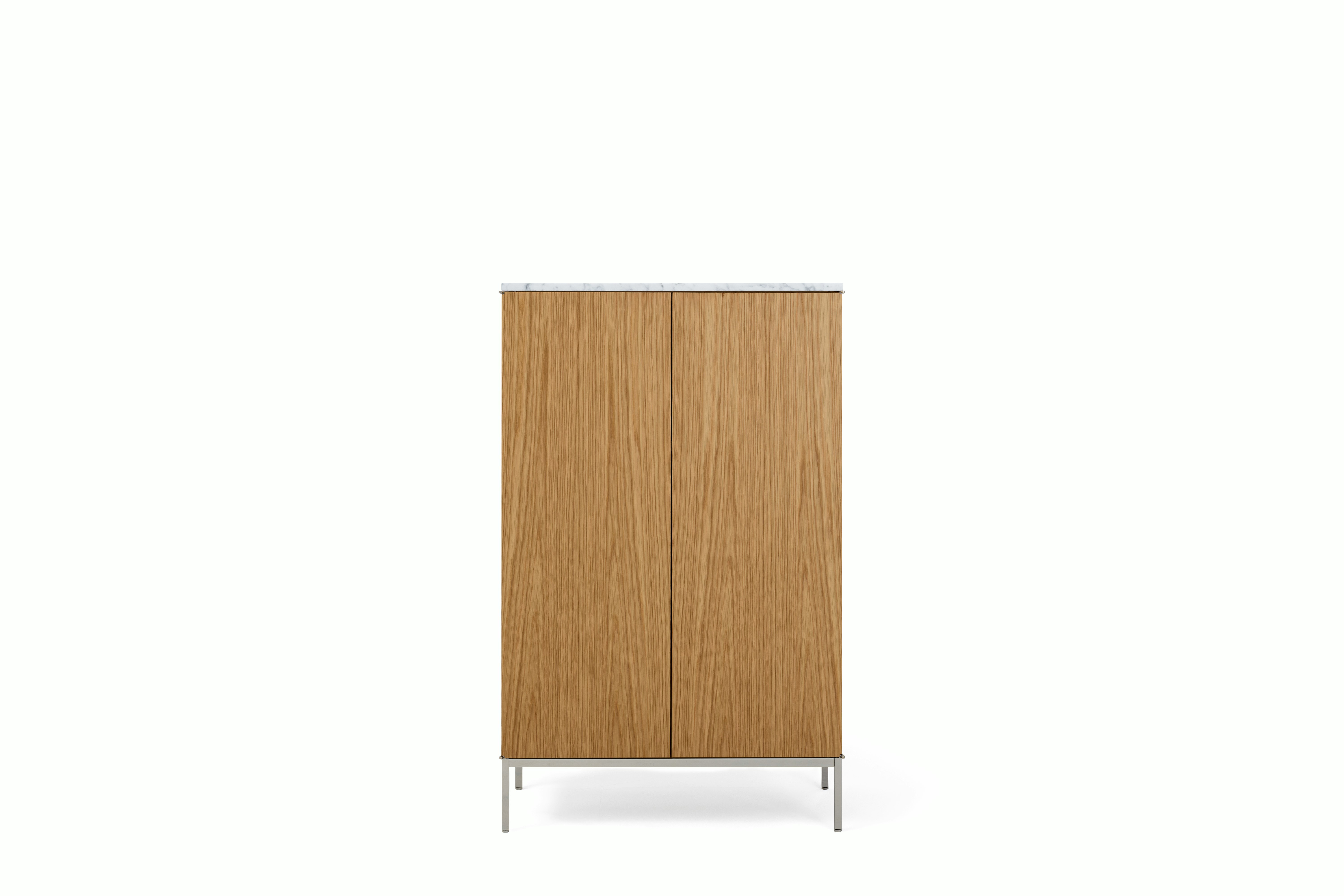A Knoll Chermayeff Bar Cabinet in Oak, Carrara Satin Coated Marble viewed from the front.