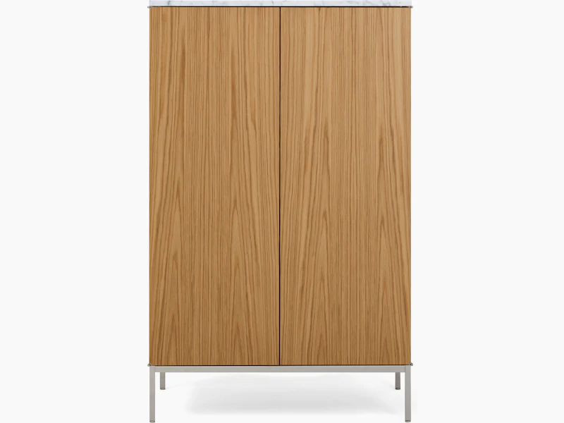 A Knoll Chermayeff Bar Cabinet in Oak, Carrara Satin Coated Marble viewed from the front.