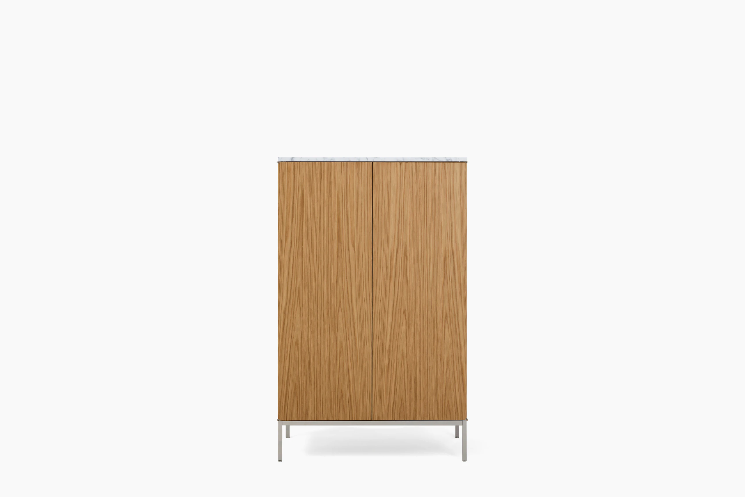A Knoll Chermayeff Bar Cabinet in Oak, Carrara Satin Coated Marble viewed from the front.