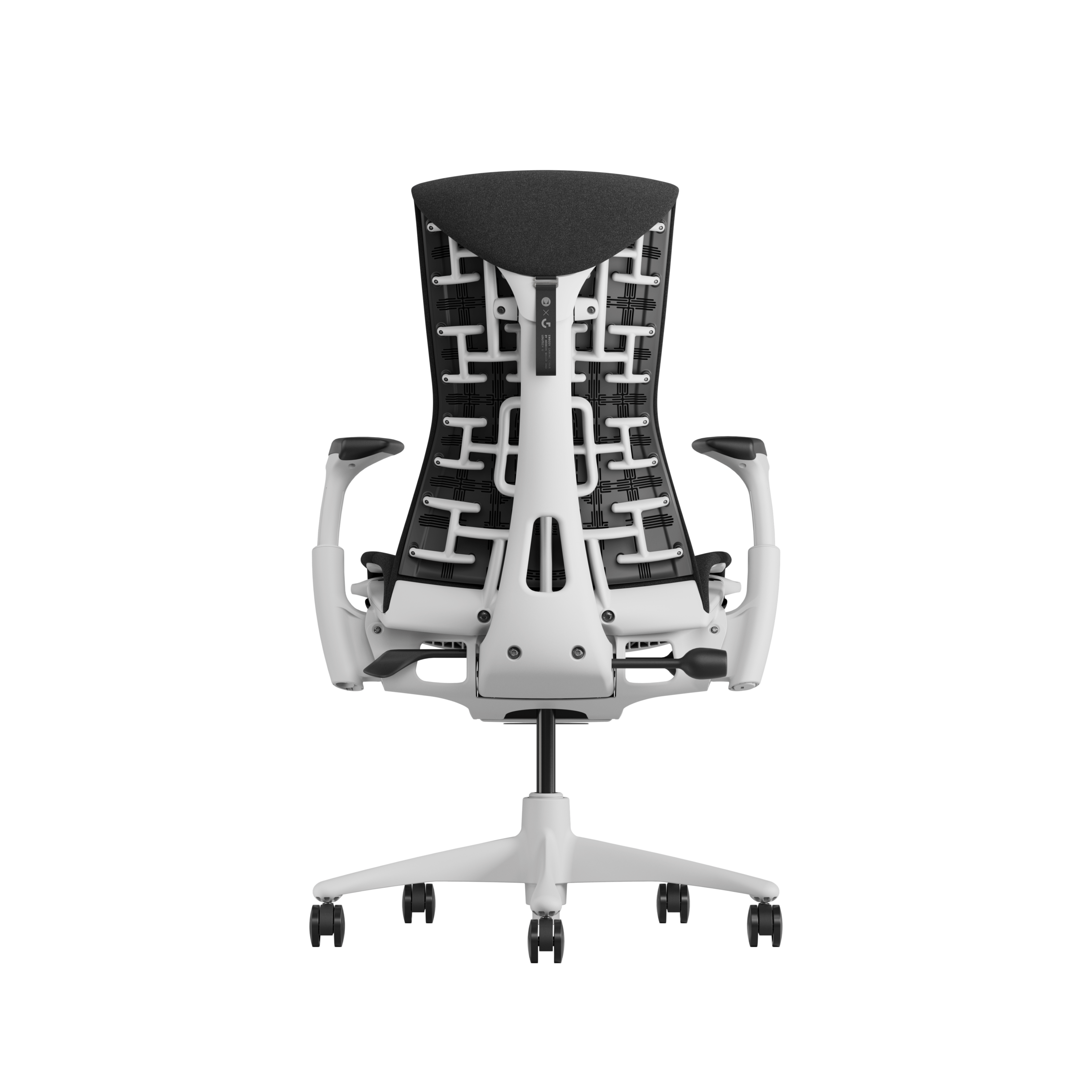 Embody Gaming Chair in  White and Black viewed from the back