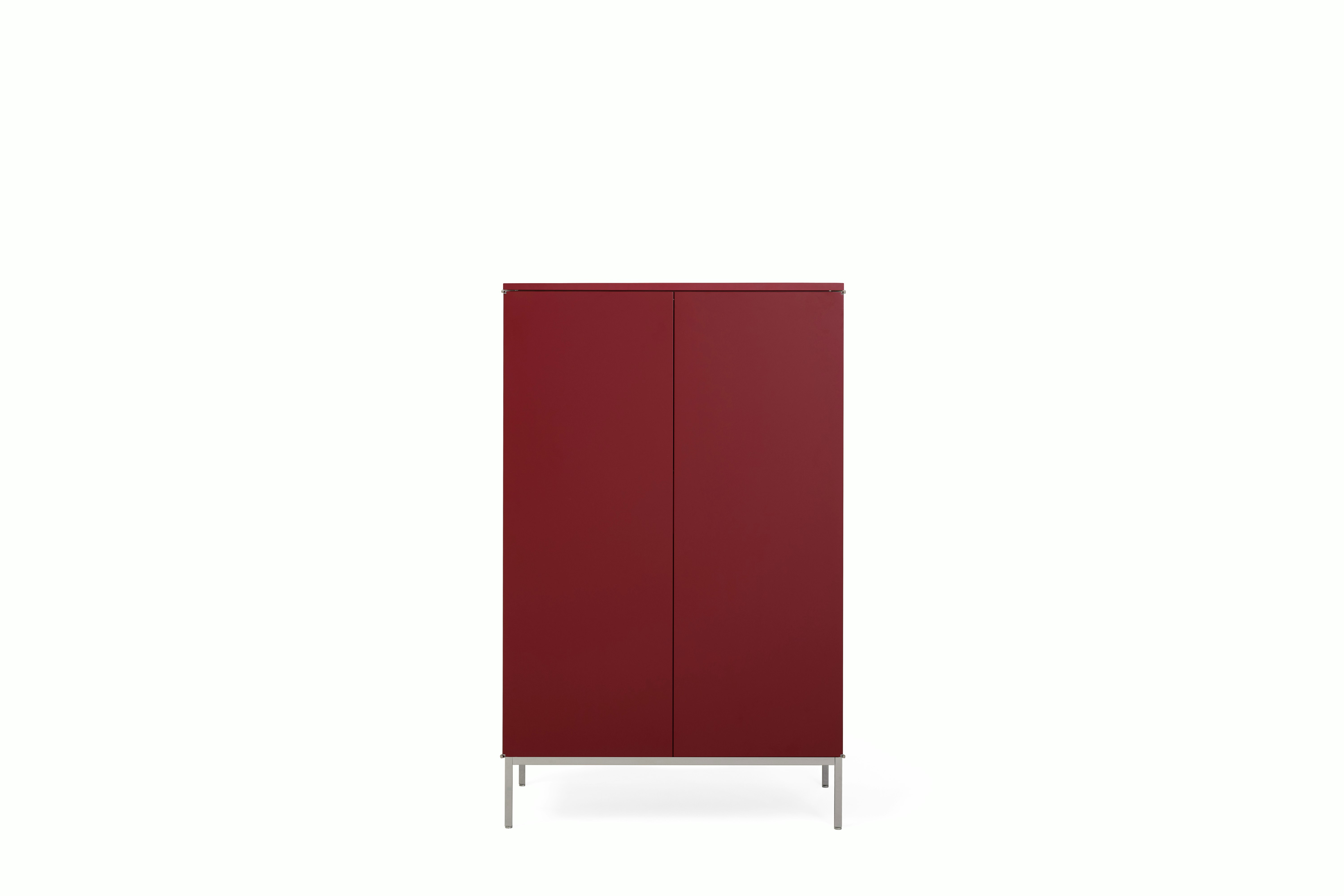 A Knoll Chermayeff Bar Cabinet in Dark Red Lacquer viewed from the front.