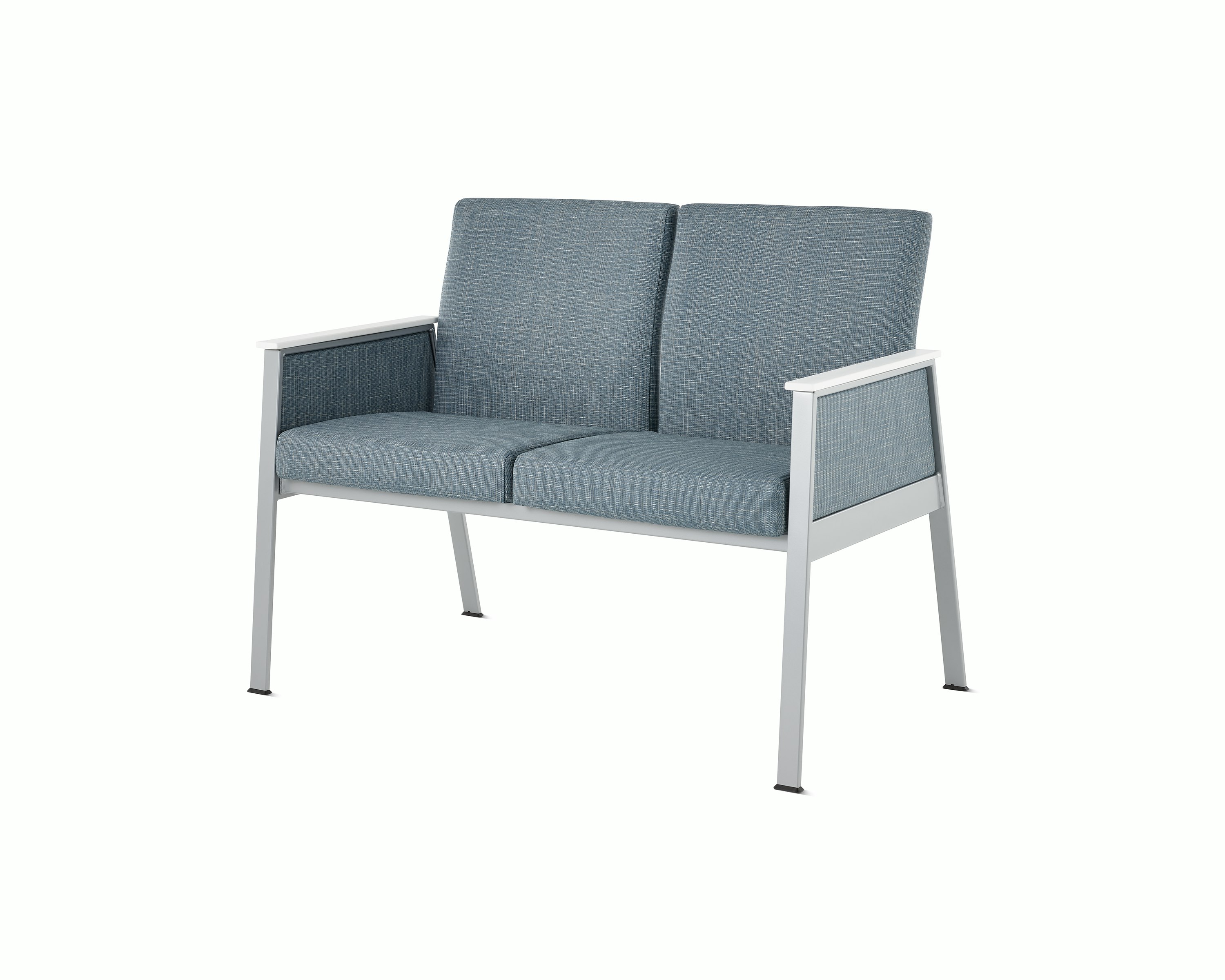 Front angle view of  Easton Multiple Seating with two seats, blue upholstery, metallic silver frame and closed arms with glacier white Corian arm caps.