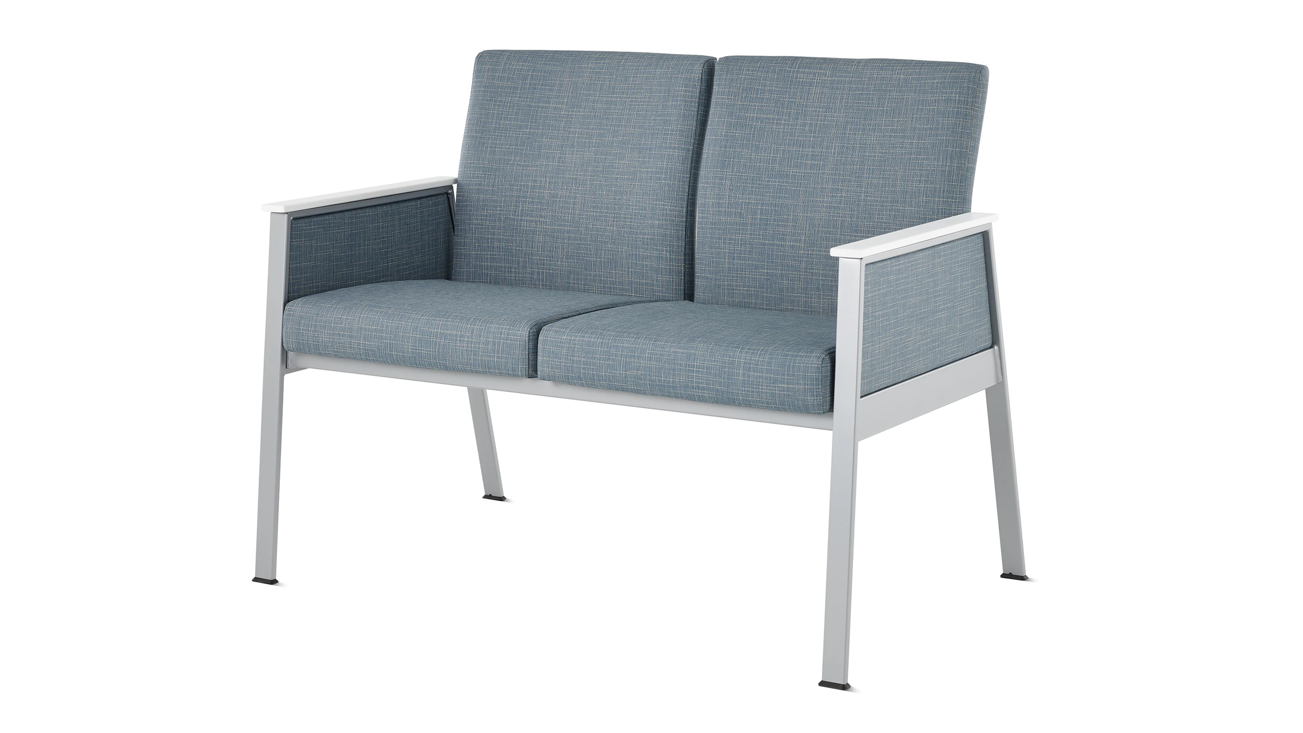 Front angle view of Easton Multiple Seating with two seats, blue upholstery, metallic silver frame and closed arms with glacier white Corian arm caps.