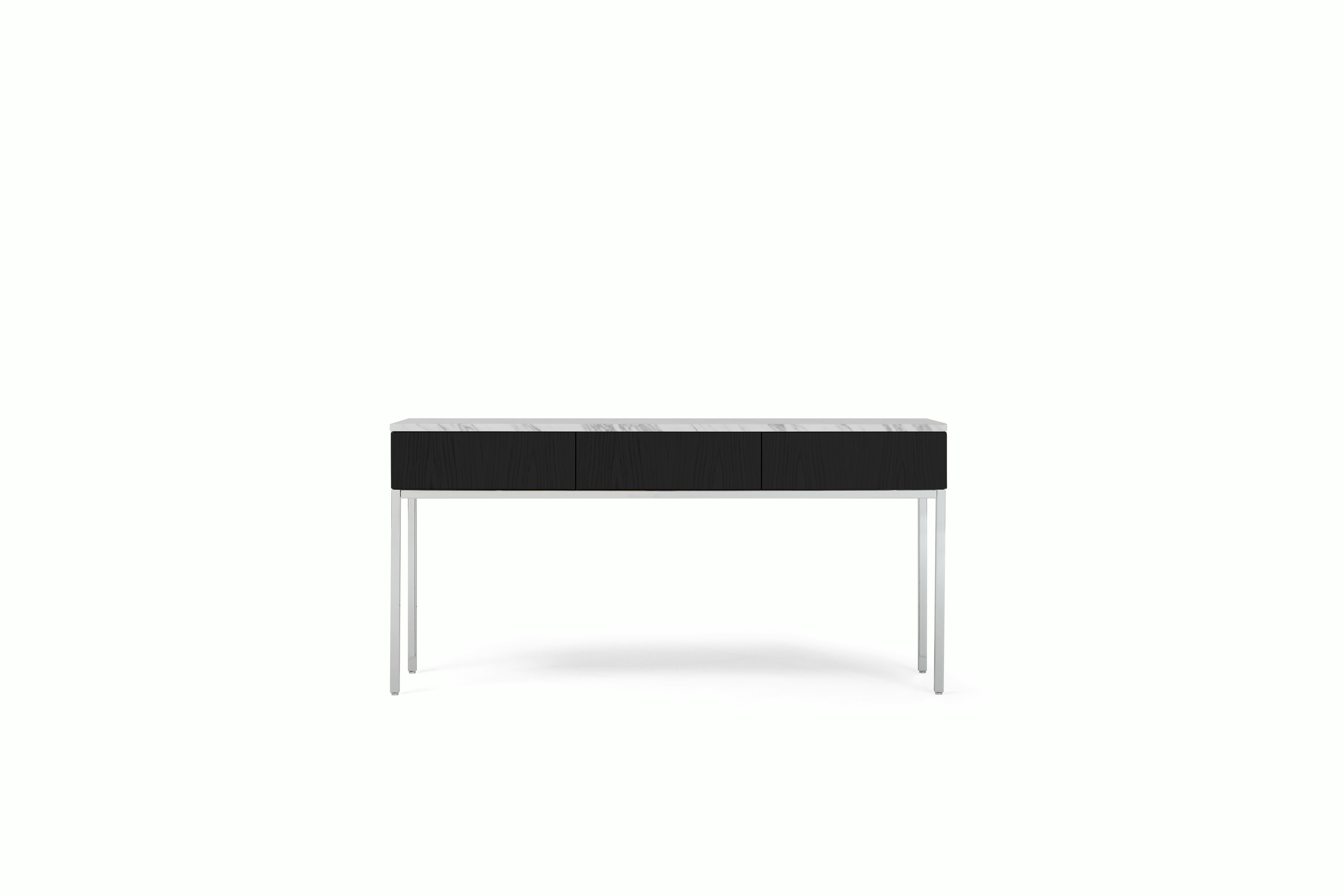 A Knoll Chermayeff Console Table in Ebony, Carrara Satin Coated Marble viewed from the front.