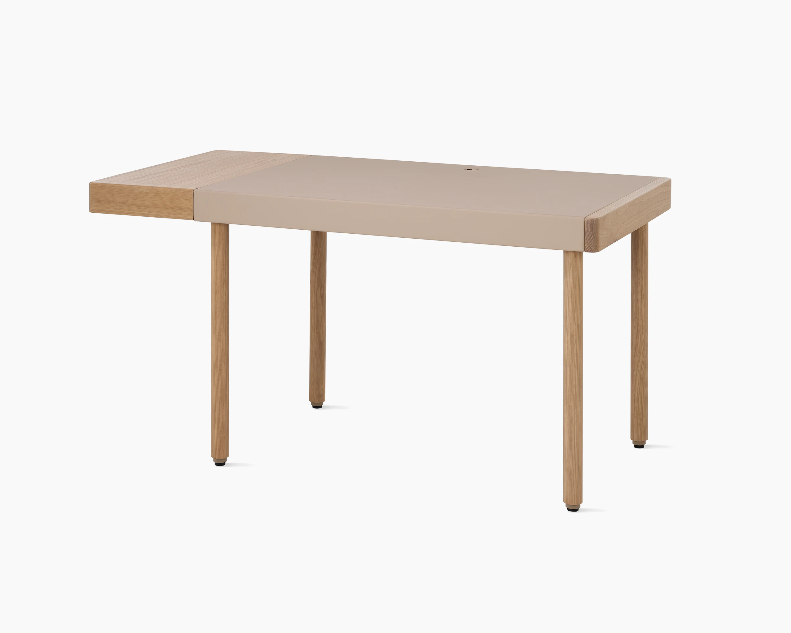 New Canaan Leatherwrap Sit-to-Stand Desk in Oak and Champagne Leather, one drawer, angled view.