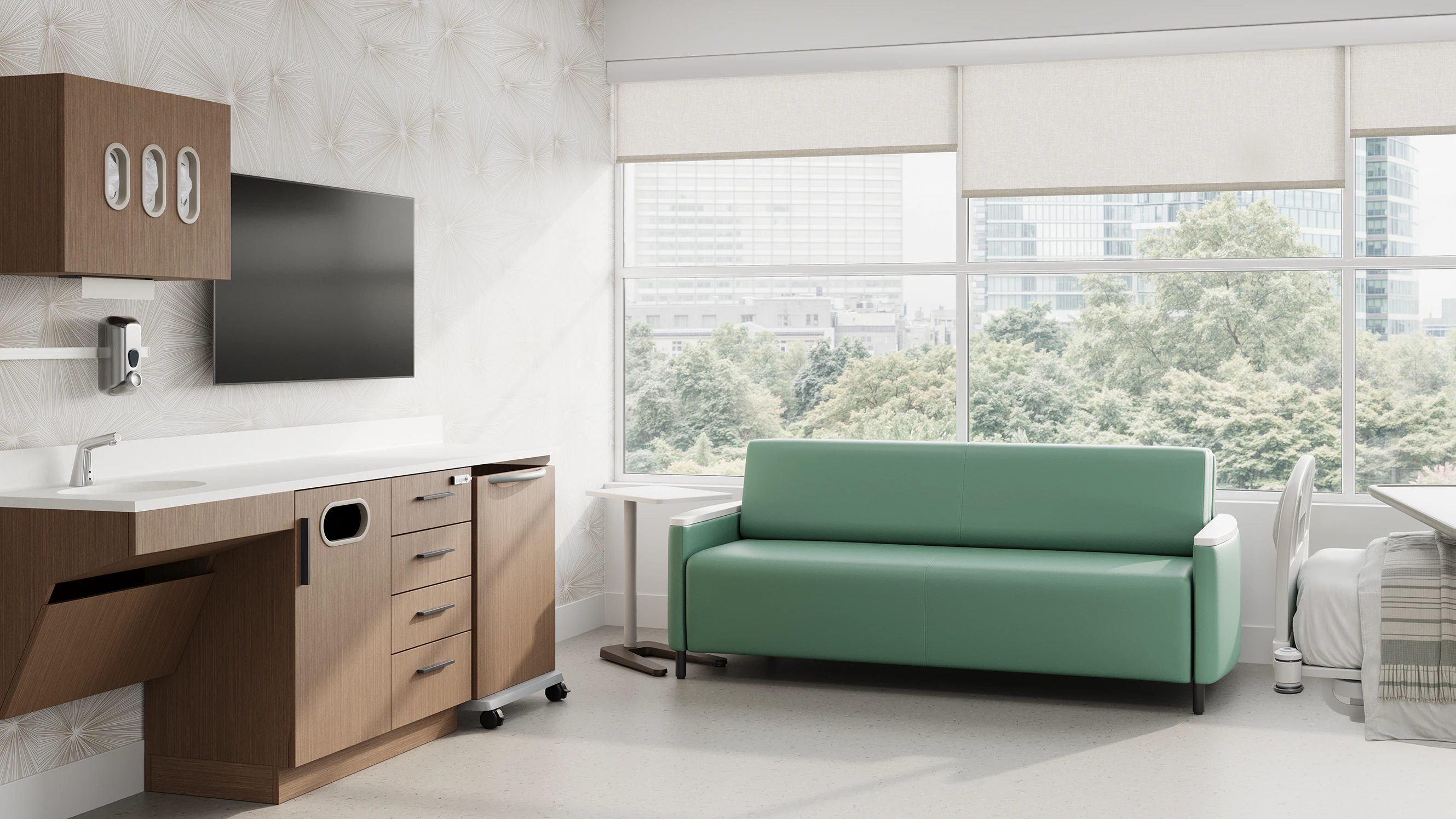 Private or semi-private patient room in hospital with Pamona Flop Sofa and the Mora Systems.