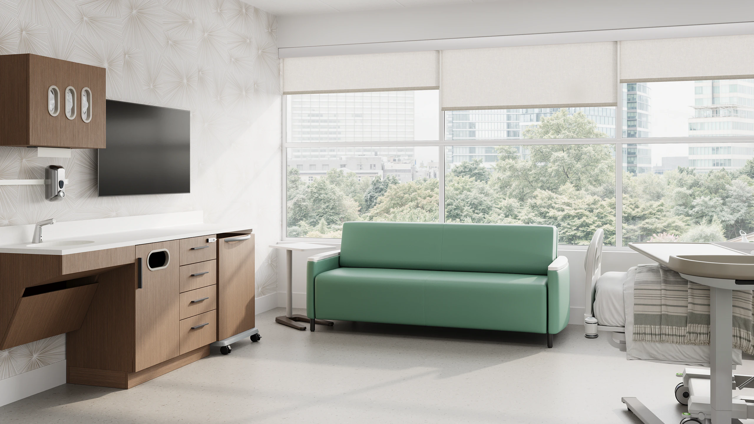 Private or semi-private patient room in hospital, with Pamona Flop Sofa and the Mora Systems