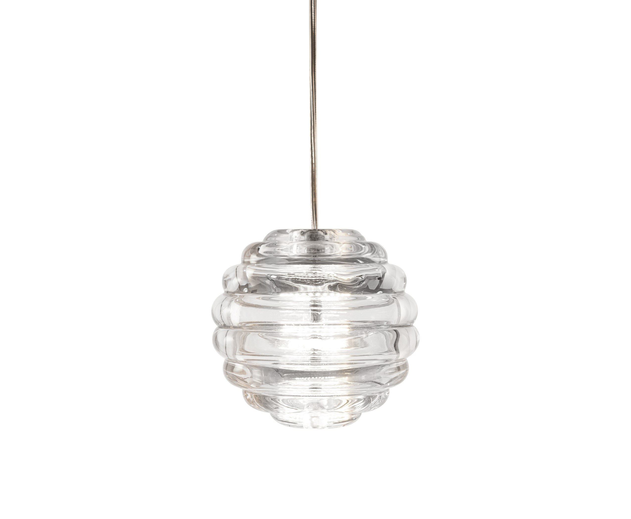 A Press Mini Sphere Pendant in Clear Glass viewed from the front.
