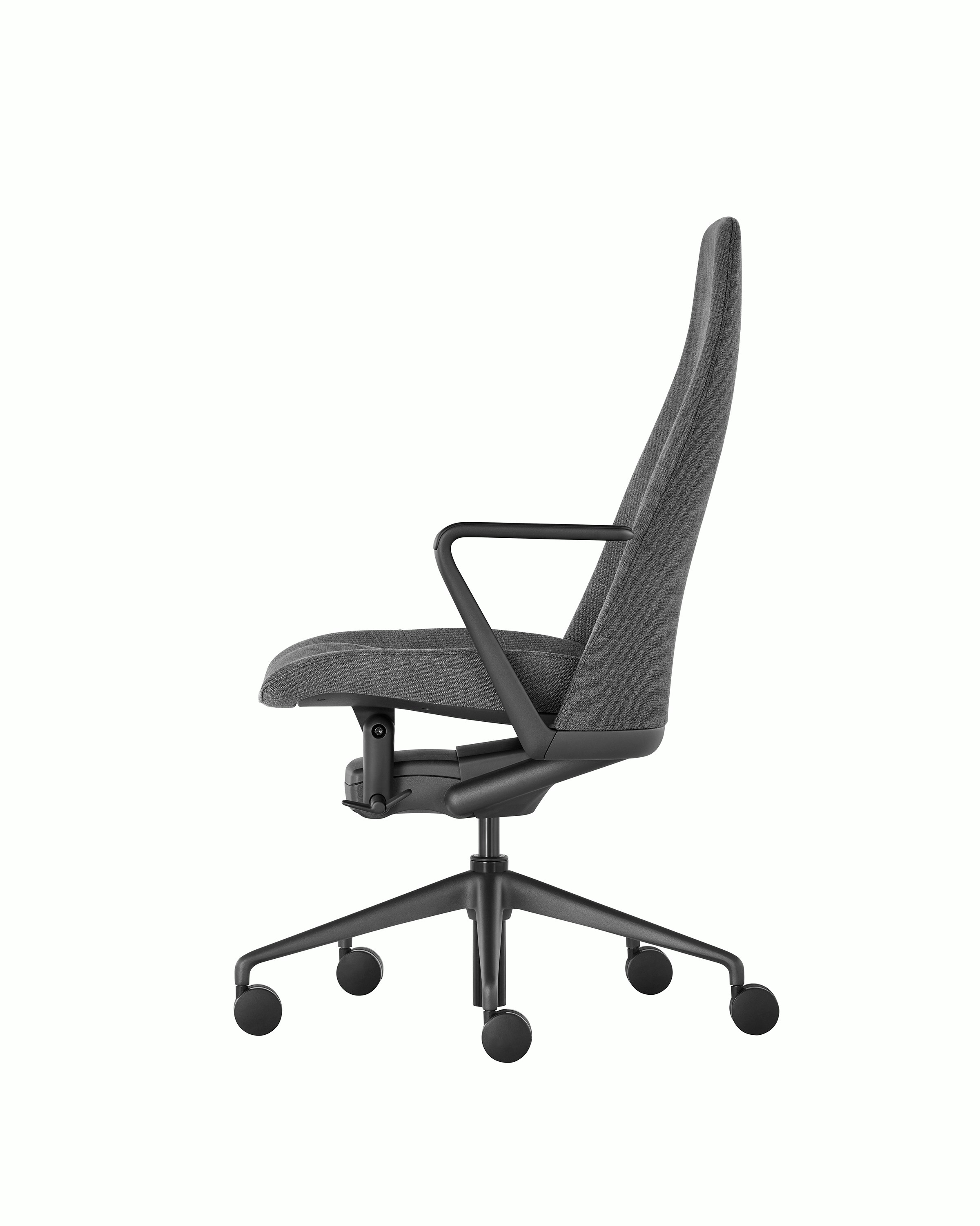Side view of a Taper office chair upholstered in black fabric.
