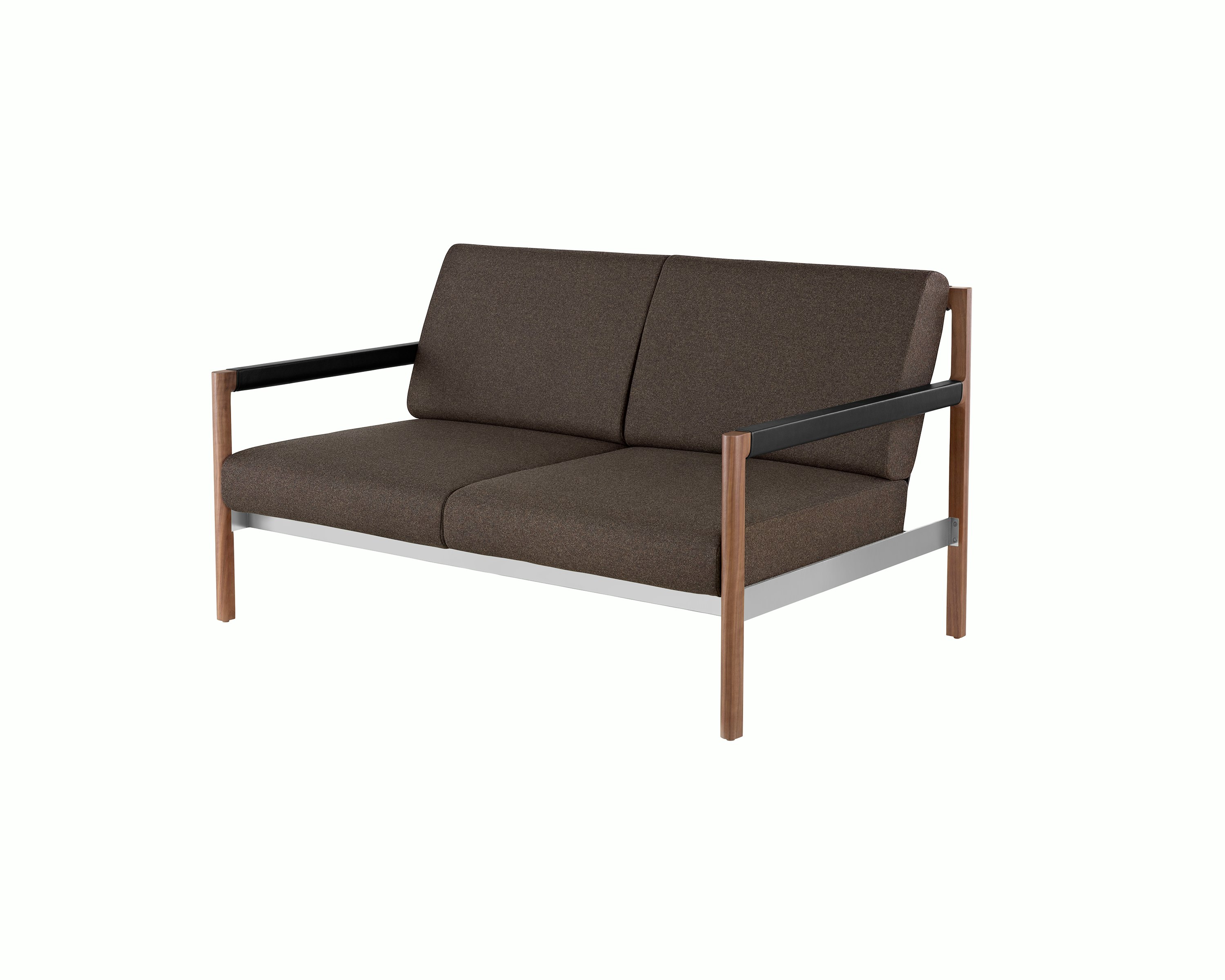 A Brabo Settee with dark upholstery, leather and metal accents, and an exposed wood frame. Viewed at an angle.