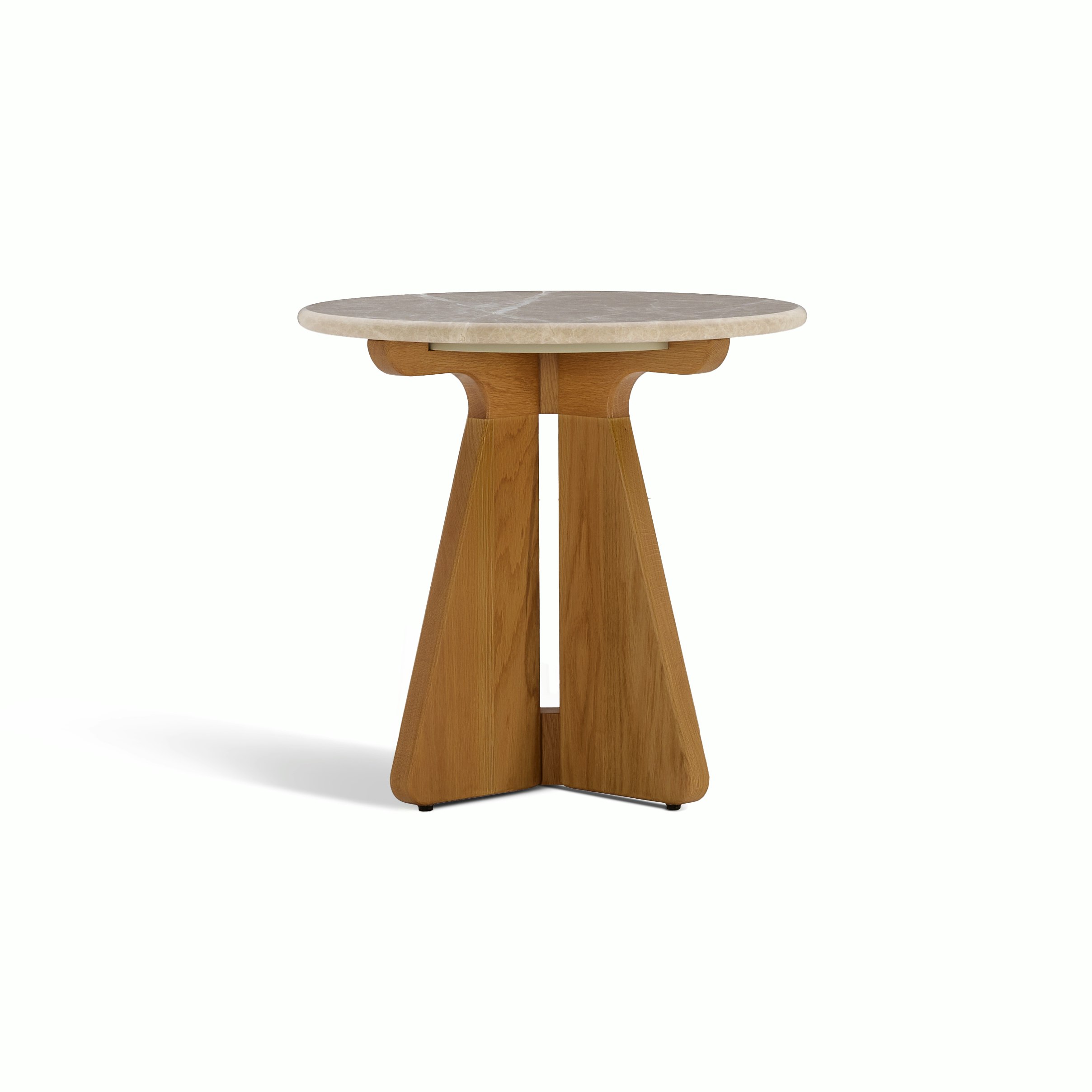 A Pinna Side Table in Emperador Oak viewed from an angle.