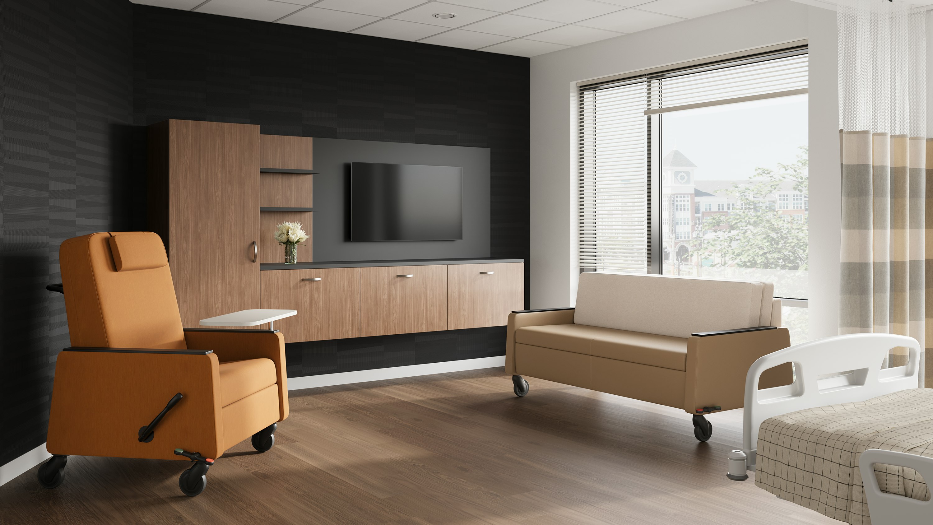 Gemma Recliner & Gemma Flop Sofa paired with Mora System in a patient room.