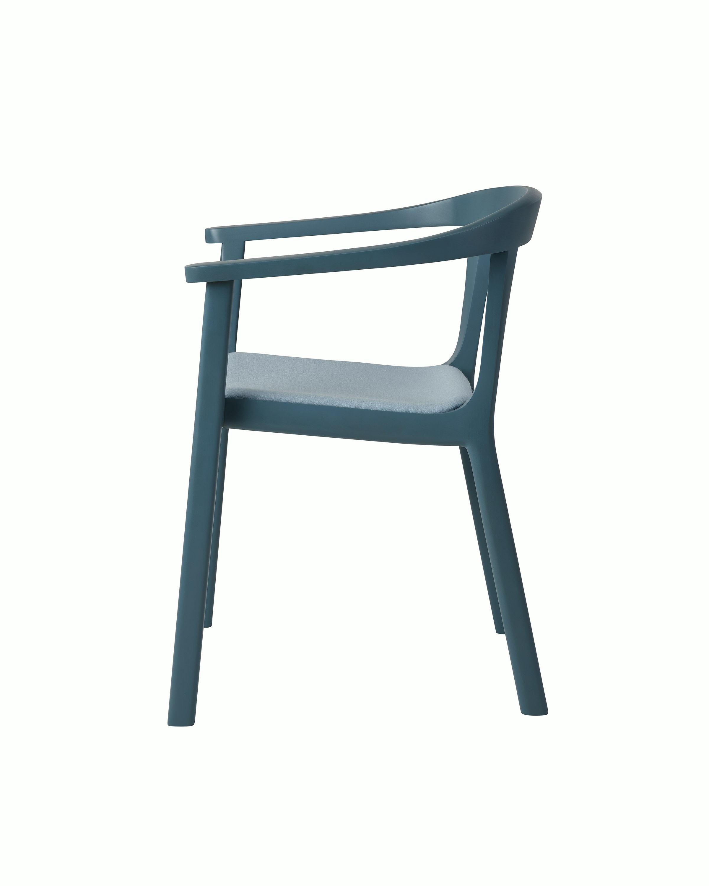 Lijn Armchair by Carole Baijings for Geiger in Nordic Blue frame upholstered with Maharam Valor in Alfresco, side view on a white sweep.