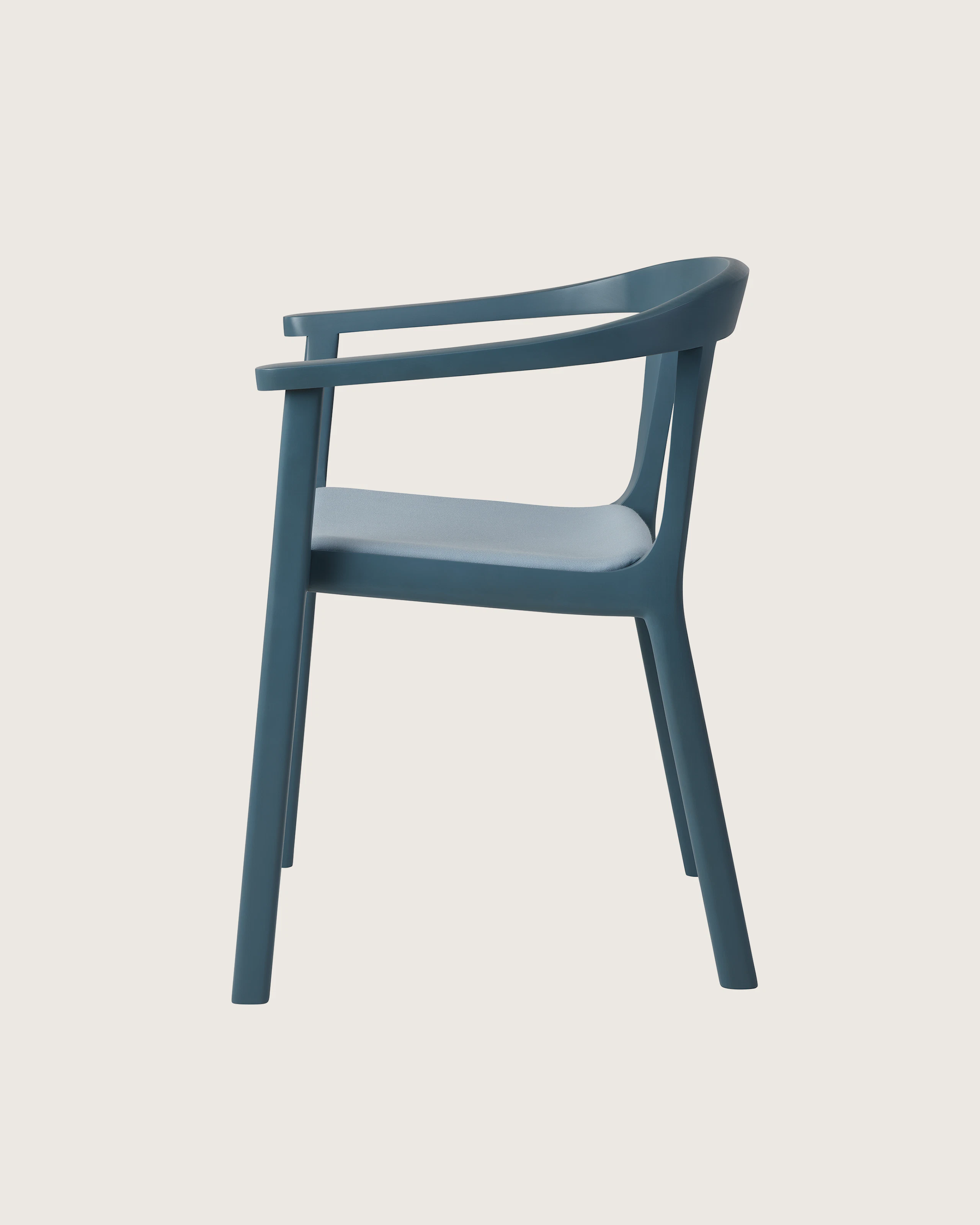 Lijn Armchair by Carole Baijings for Geiger in Nordic Blue frame upholstered with Maharam Valor in Alfresco, side view on a white sweep.