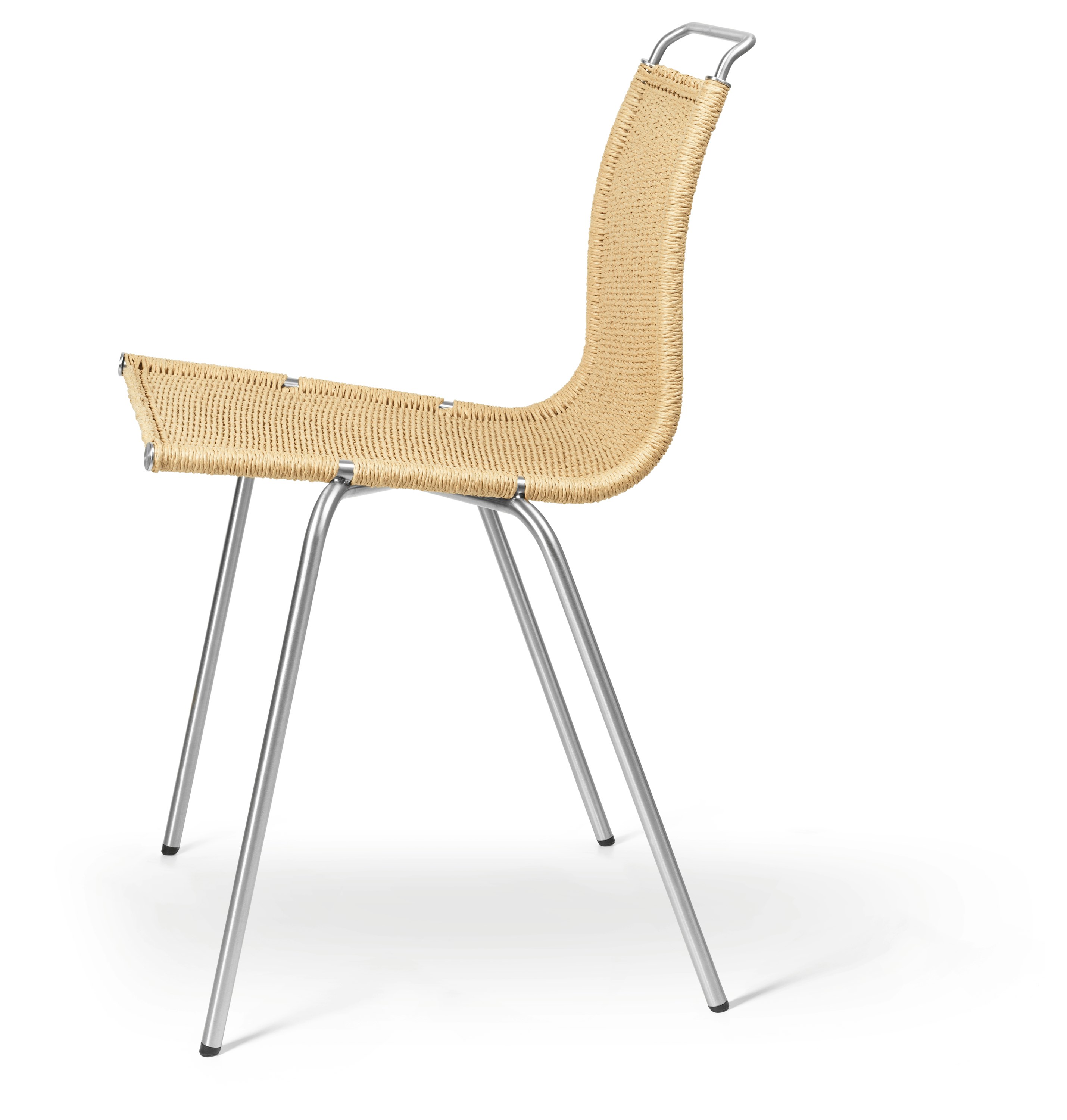 A PK1 Side Chair in Stainless Steel Papercord Natural viewed from the side.