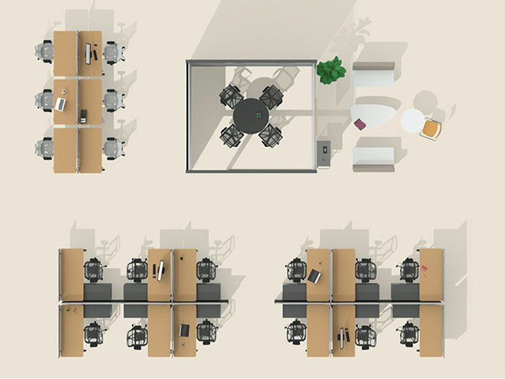 Overhead 3D rendering of an office floorplate.