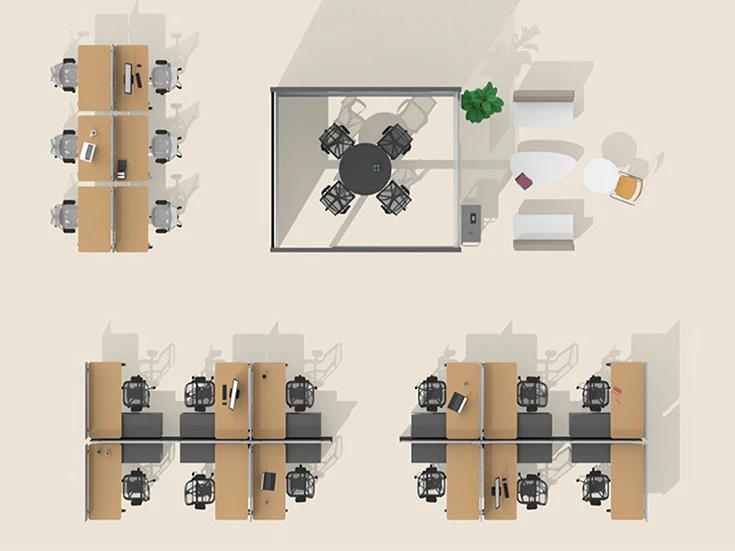 Overhead 3D rendering of an office floorplate.