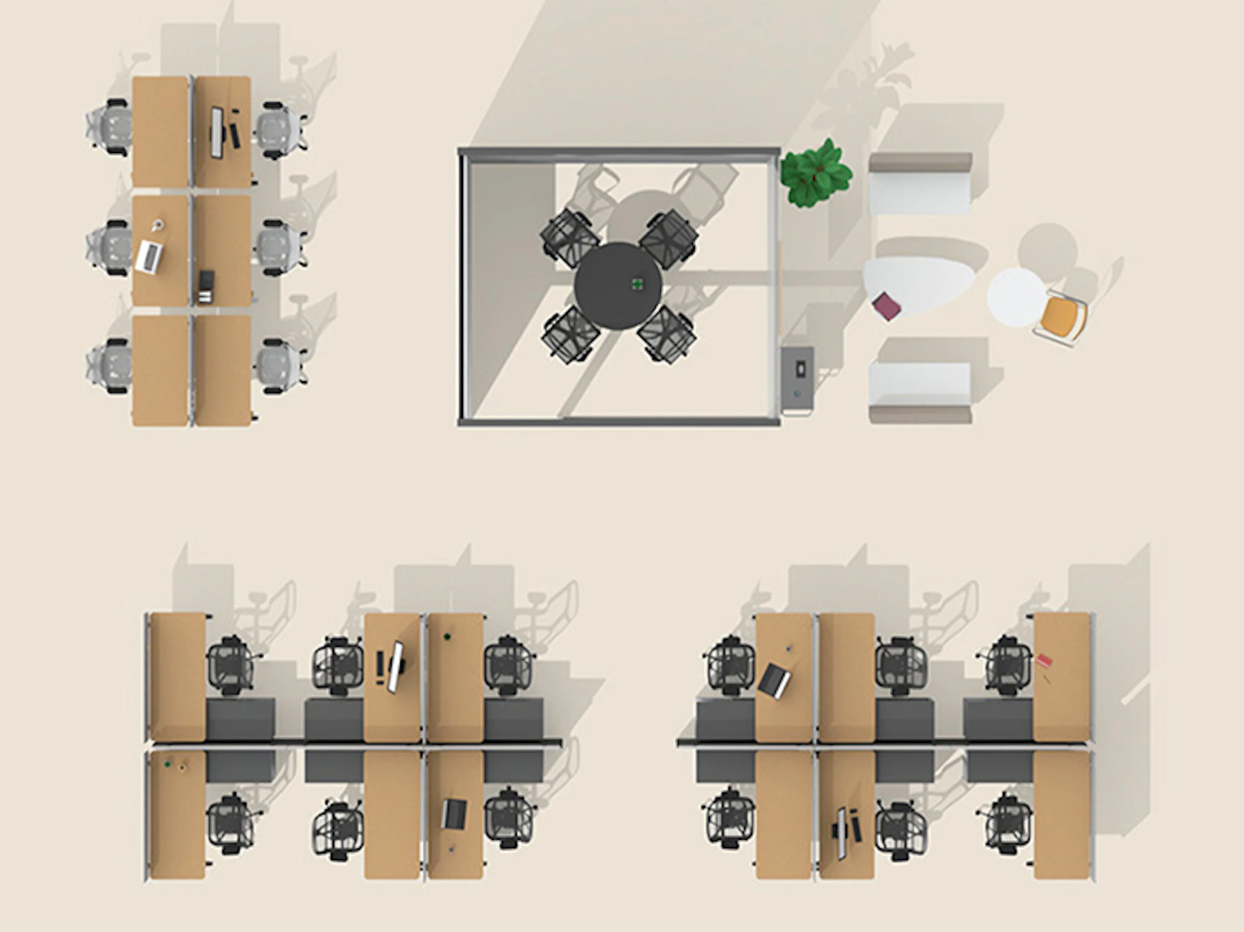 Overhead 3D rendering of an office floorplate.