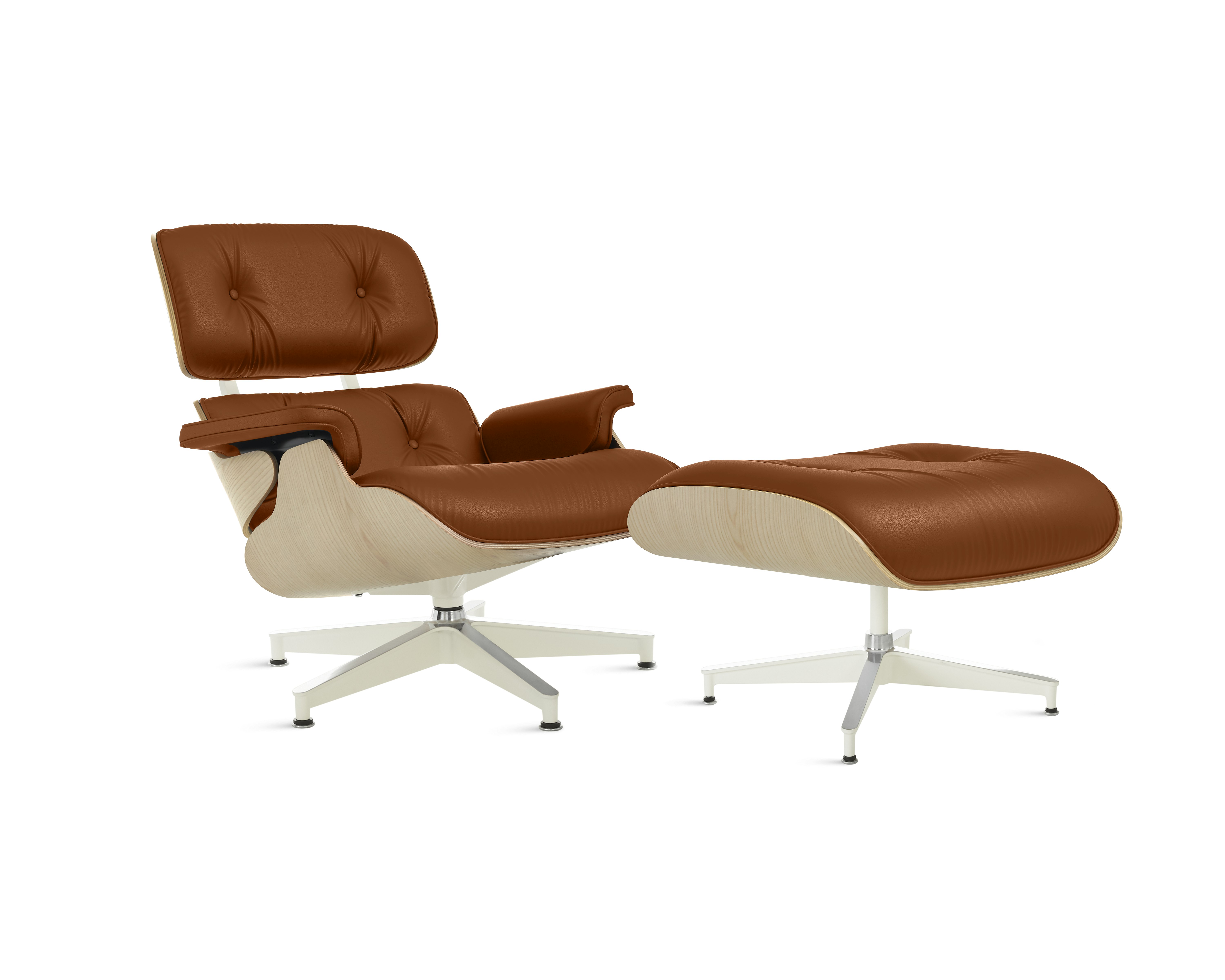 Eames Lounge & Ottoman,  3/4 View - White Ash - All Grain Leather,  Whiskey