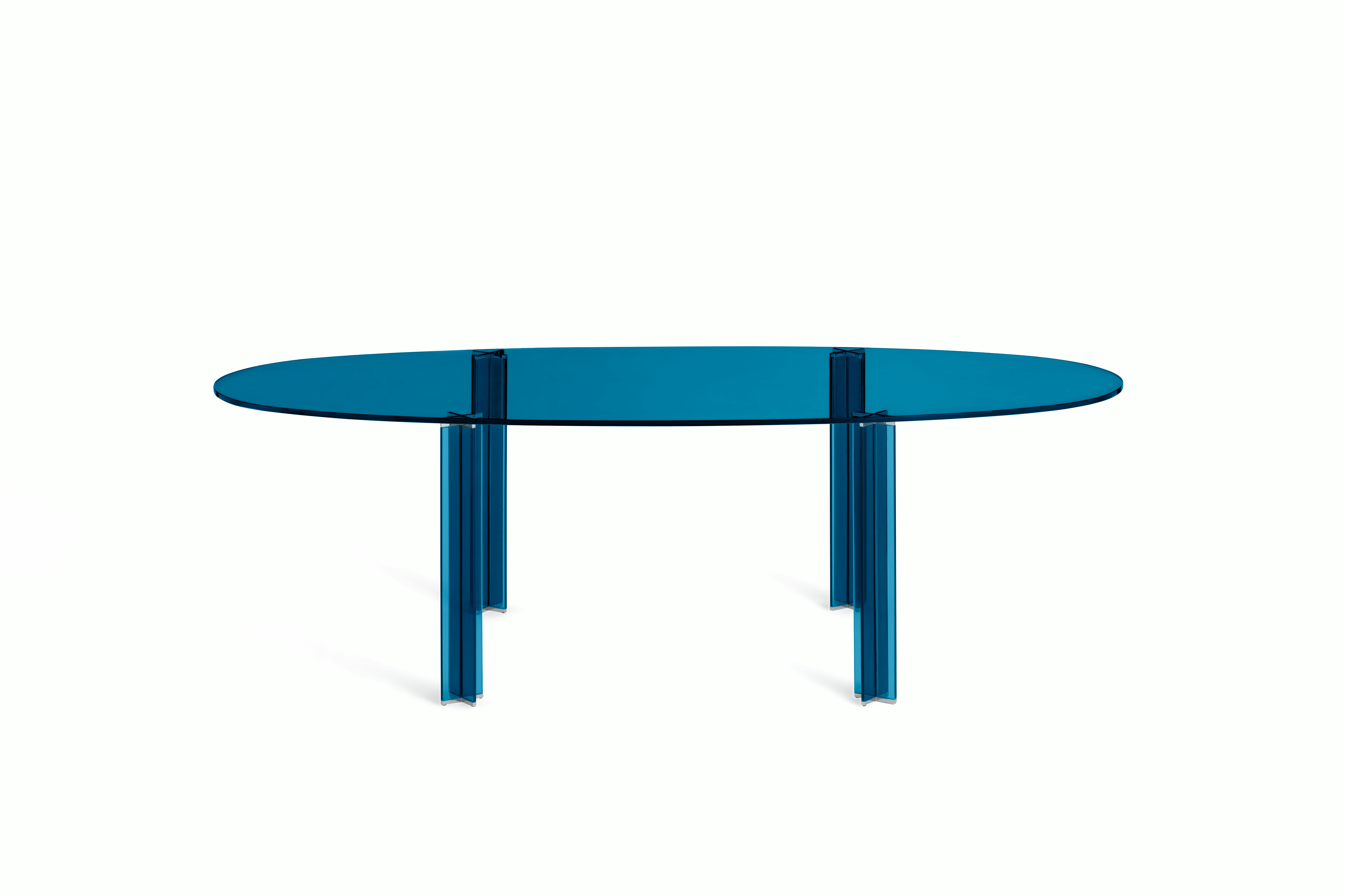 X-T Dining Table - Oval, 94", Blue Pasted Glass