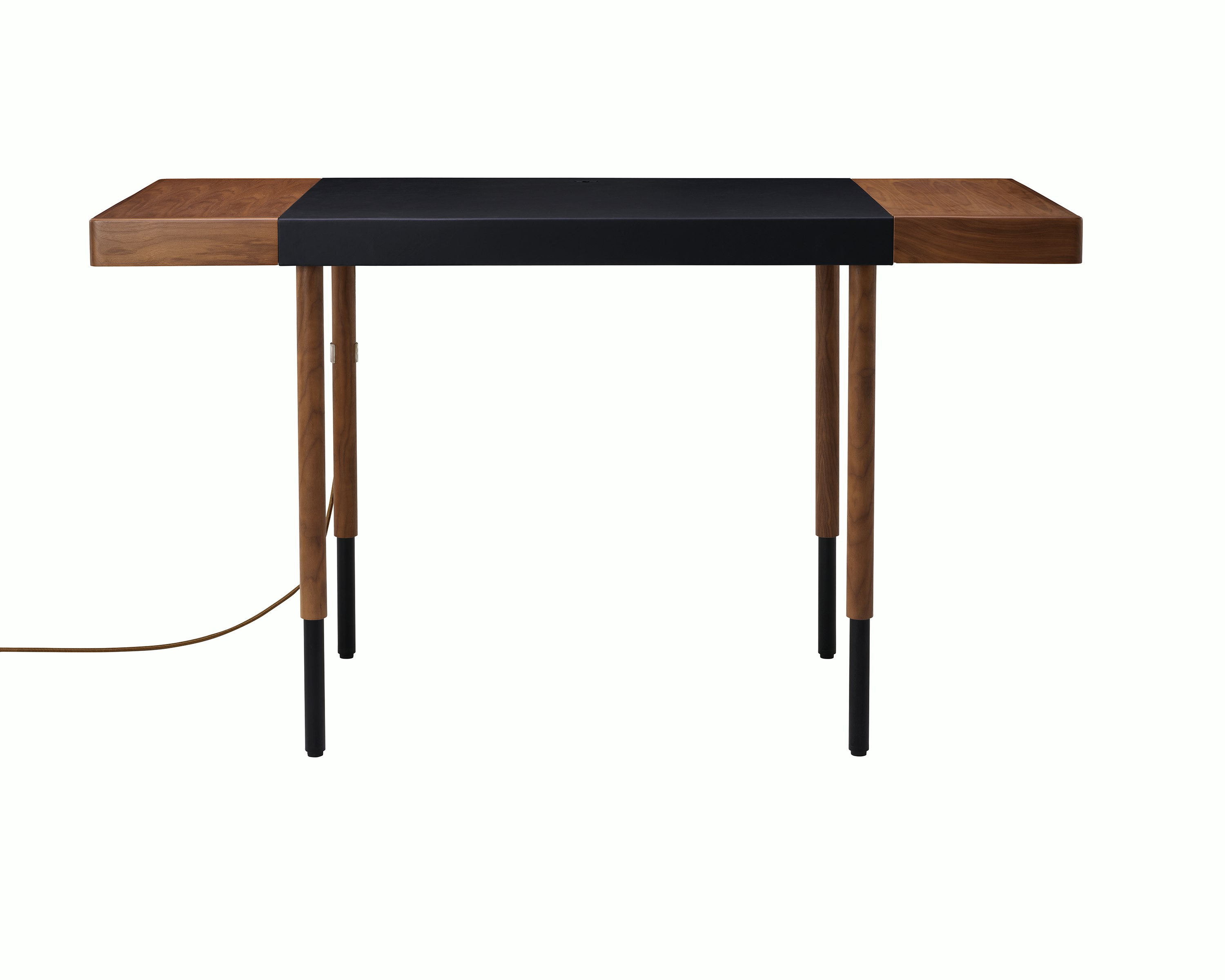 New Canaan Leatherwrap Sit-to-Stand Desk in Walnut and Black Leather, partially raised with cord, front view.