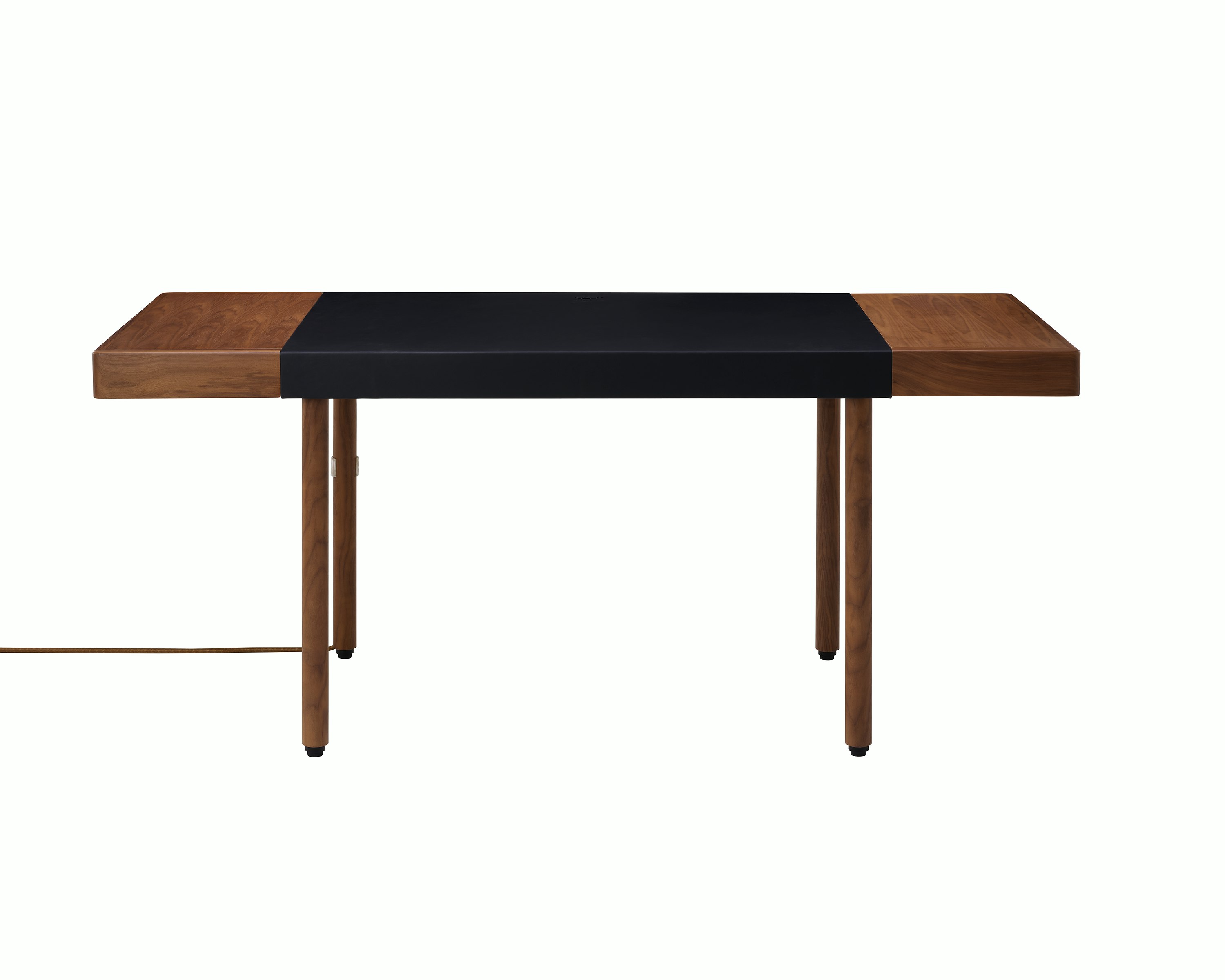 New Canaan Leatherwrap Sit-to-Stand Desk in Walnut and Black Leather, with cord, front view.