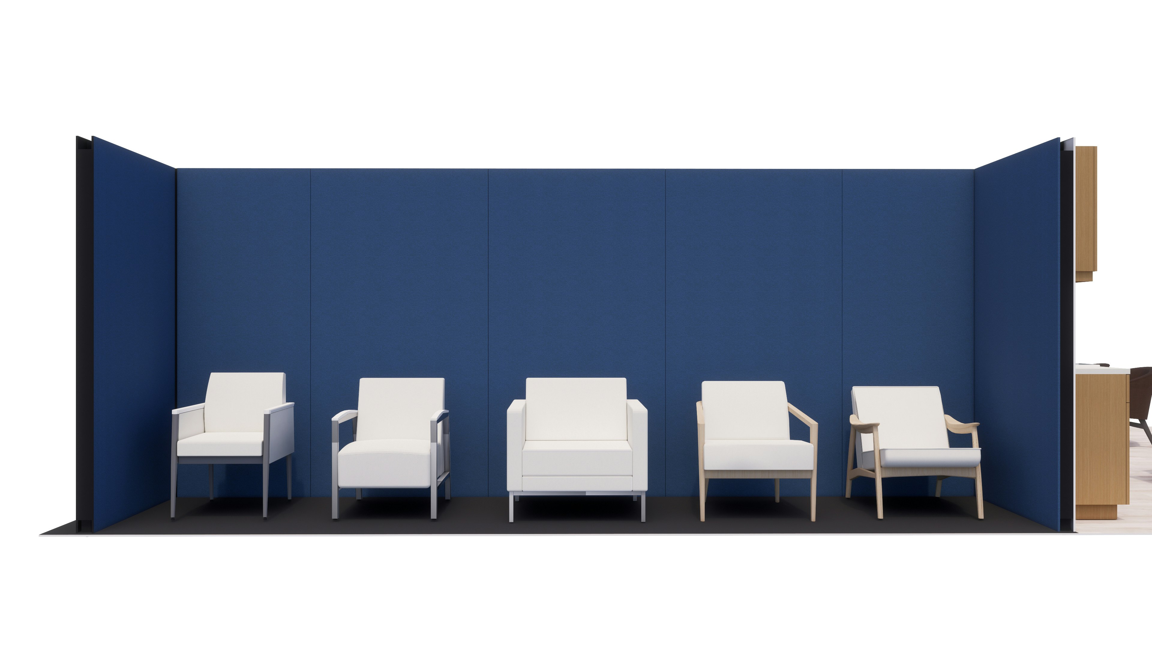 White Herman Miller chairs from the healthcare seating portfolio arranged in front of a blue backdrop.
