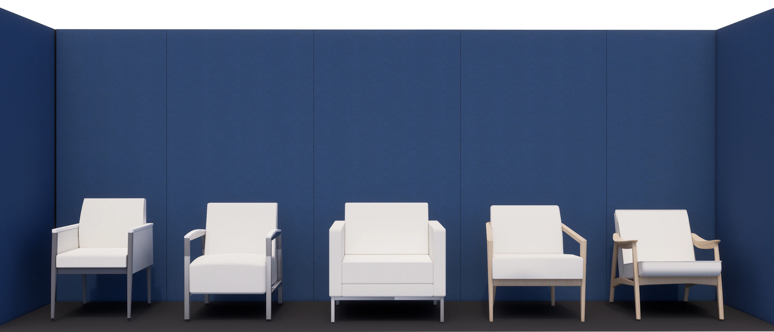 White Herman Miller chairs from the healthcare seating portfolio arranged in front of a blue backdrop.
