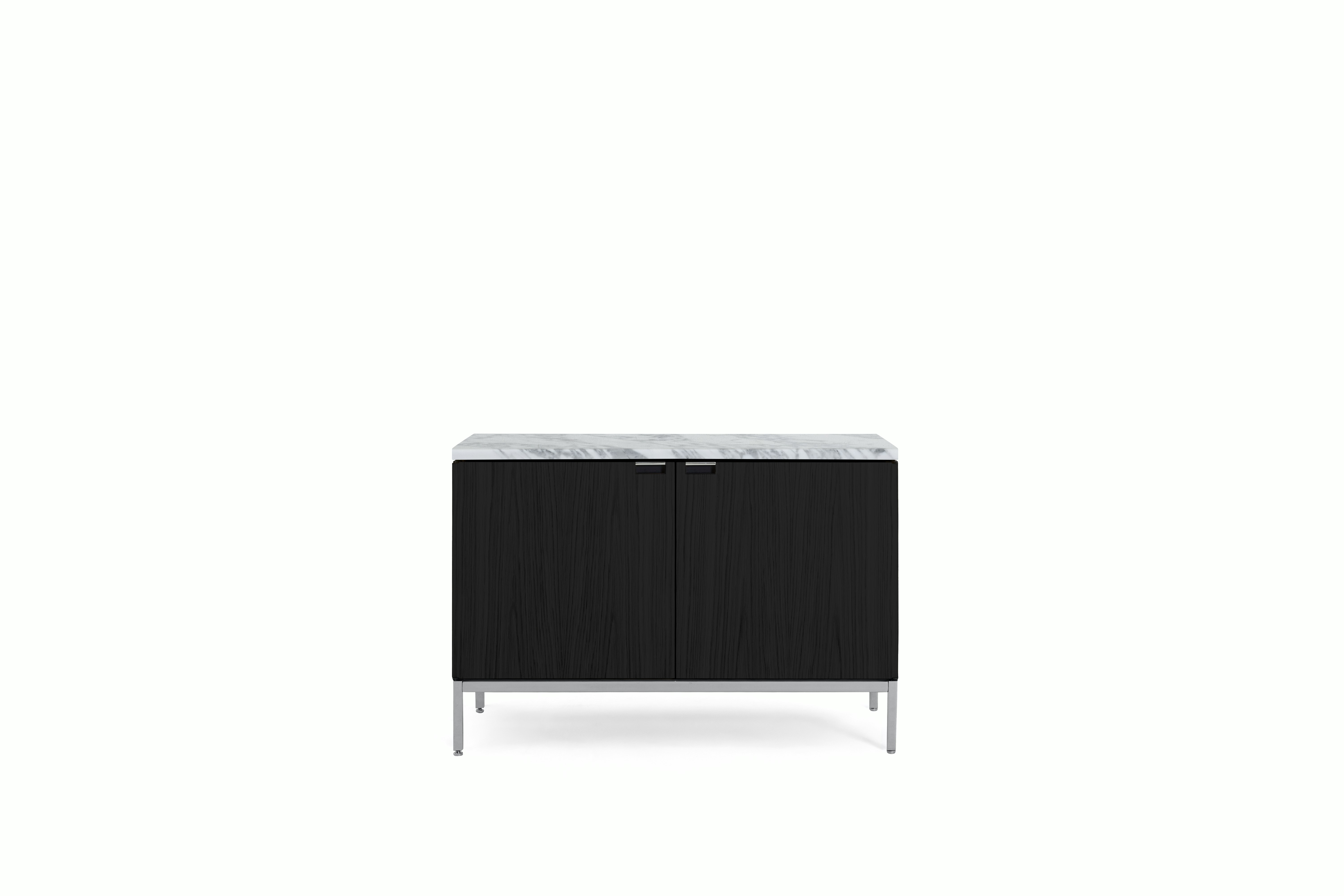 A Florence Knoll Credenza in Small, Ebony, Polished Coated Marble, Arabescato viewed from the front.
