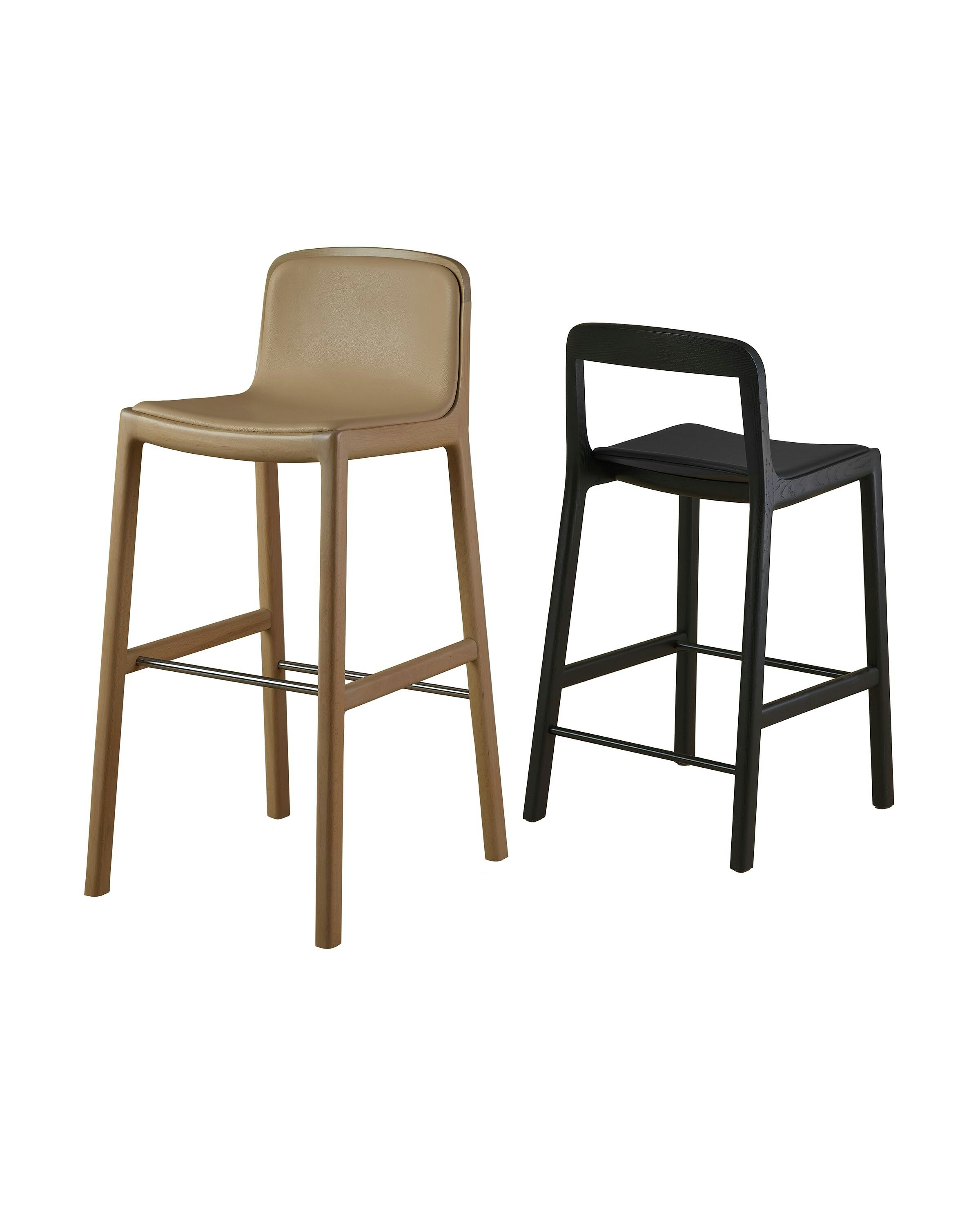 Lijn Stools by Carole Baijings for Geiger in Light Beech and Ebonized Oak on a white sweep.