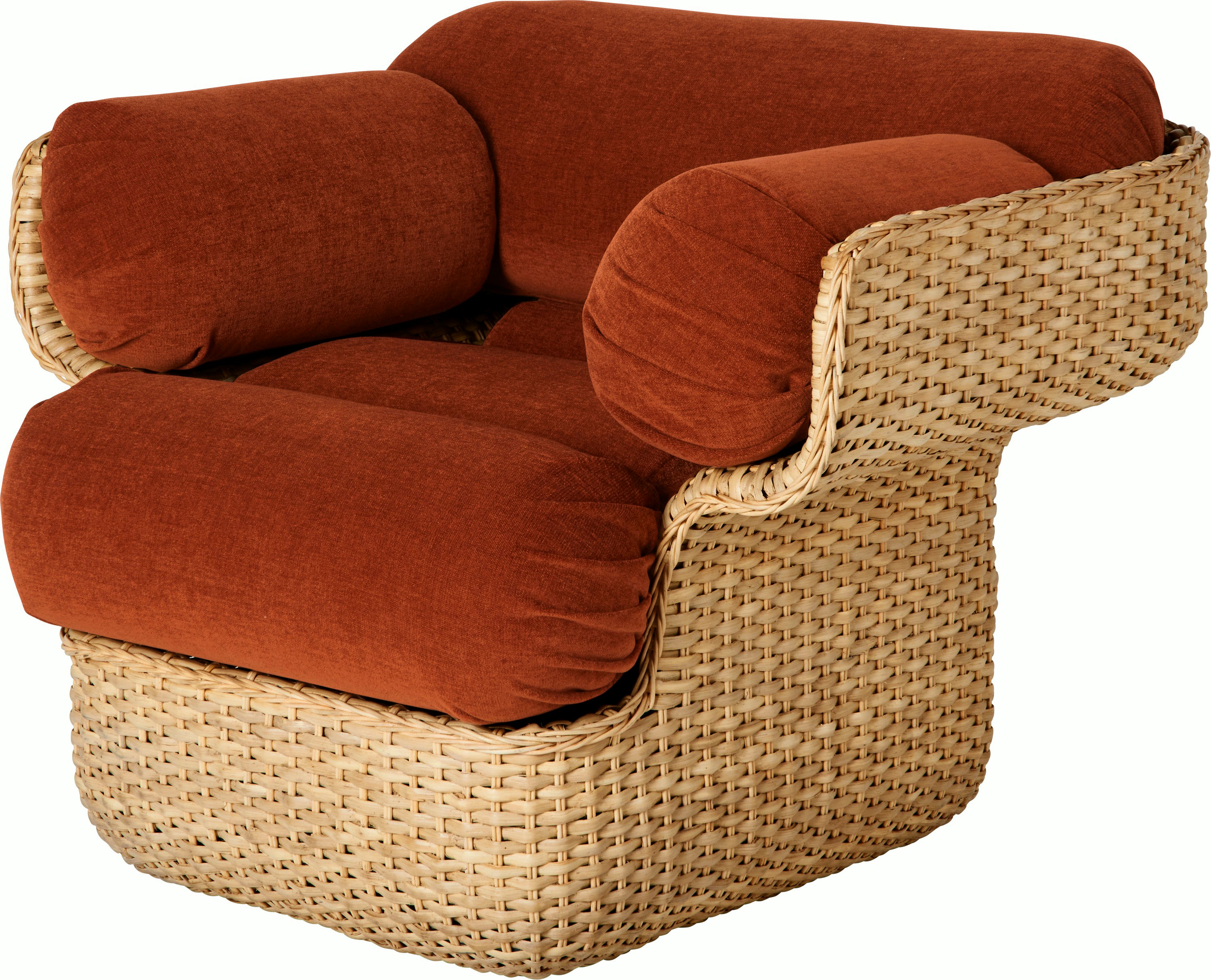 A Basket Lounge Chair in Rust, Rattan viewed from an angle.
