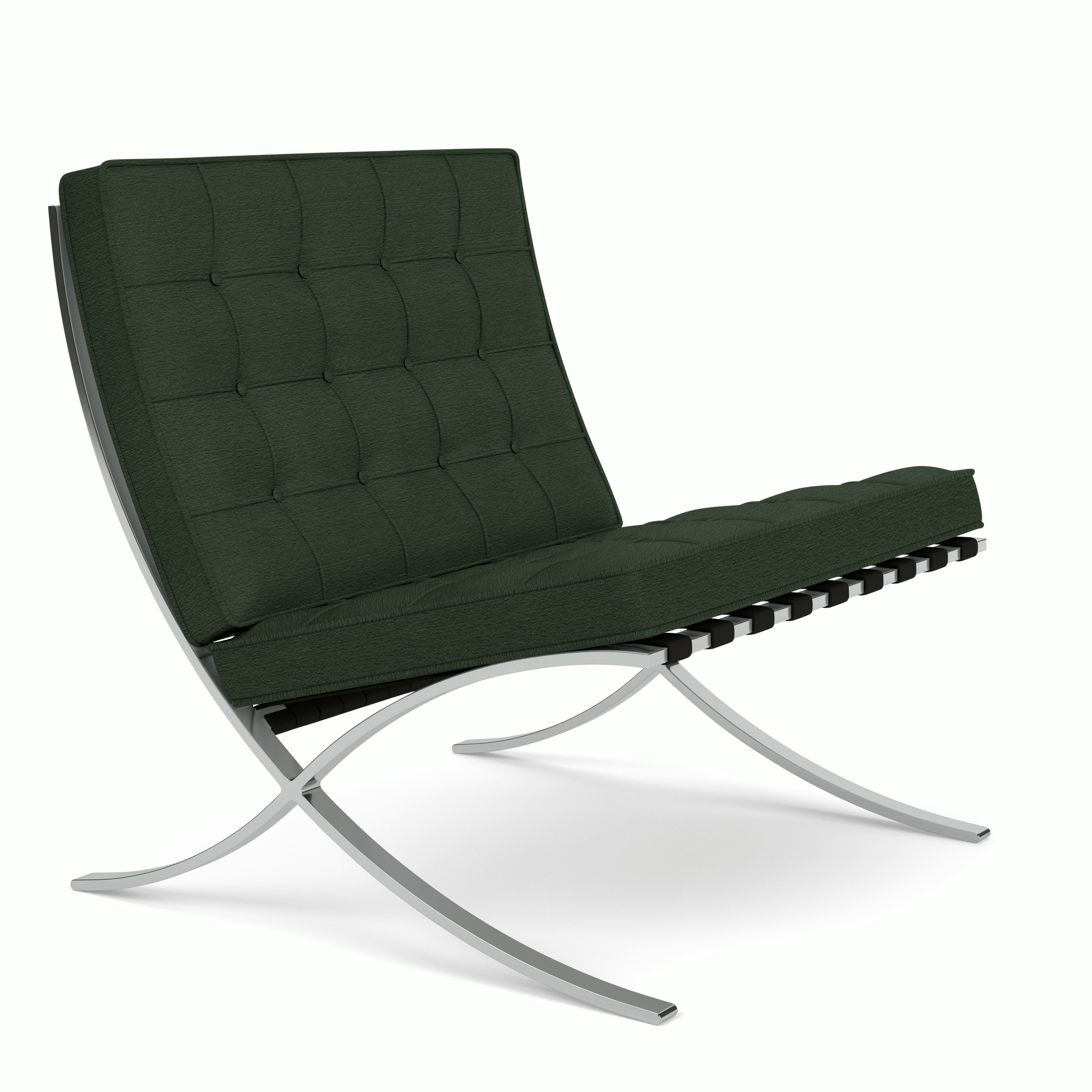 A Barcelona Chair in Deepwoods Chrome viewed from an angle.