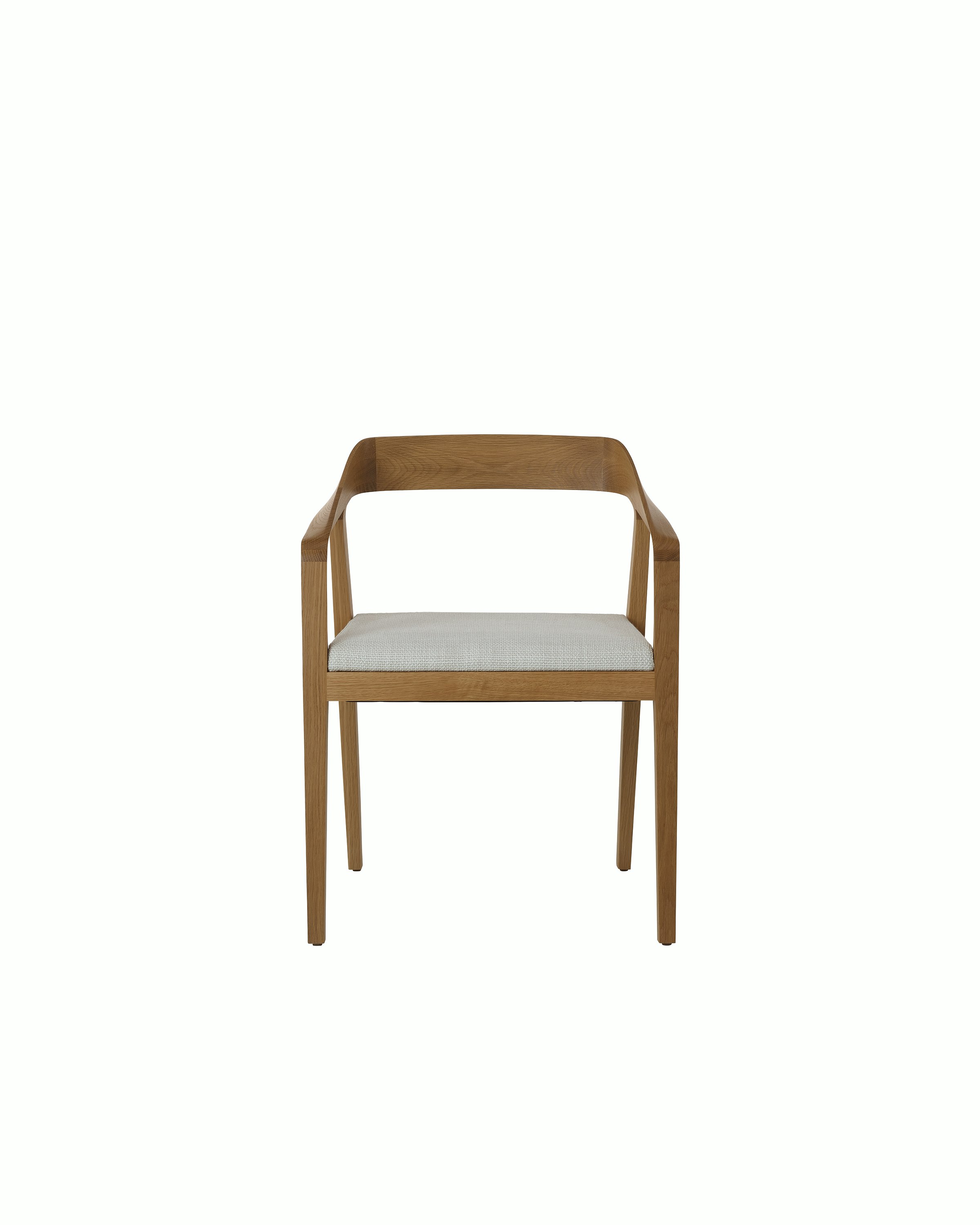 Full Twist Guest Chair by Mark Goetz for Geiger in Natural Oak with Capri in Show upholstery, front view on a white sweep.
