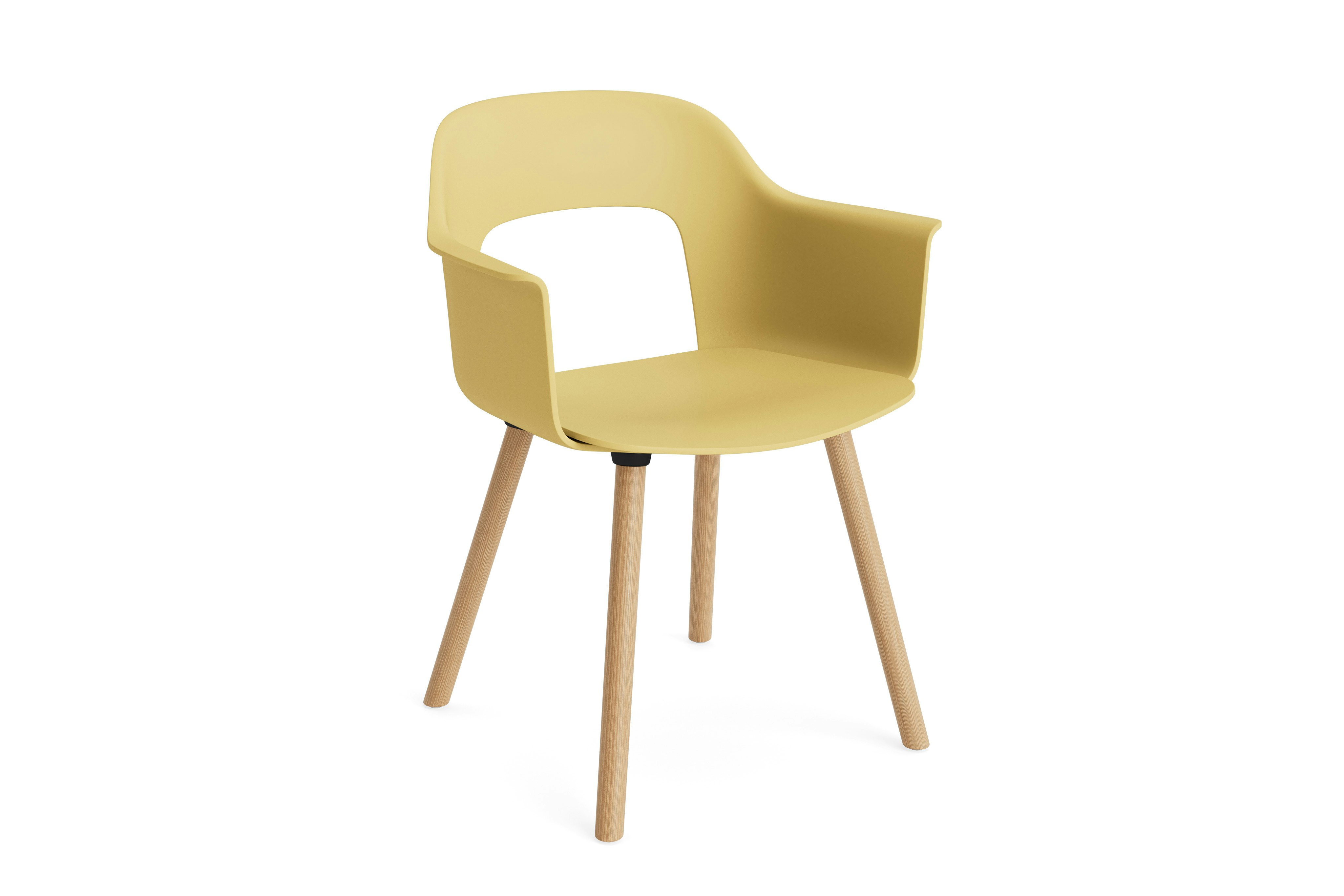 Layout Armchair 221 with biscotti plastic shell and wood base, angled front view on white background.