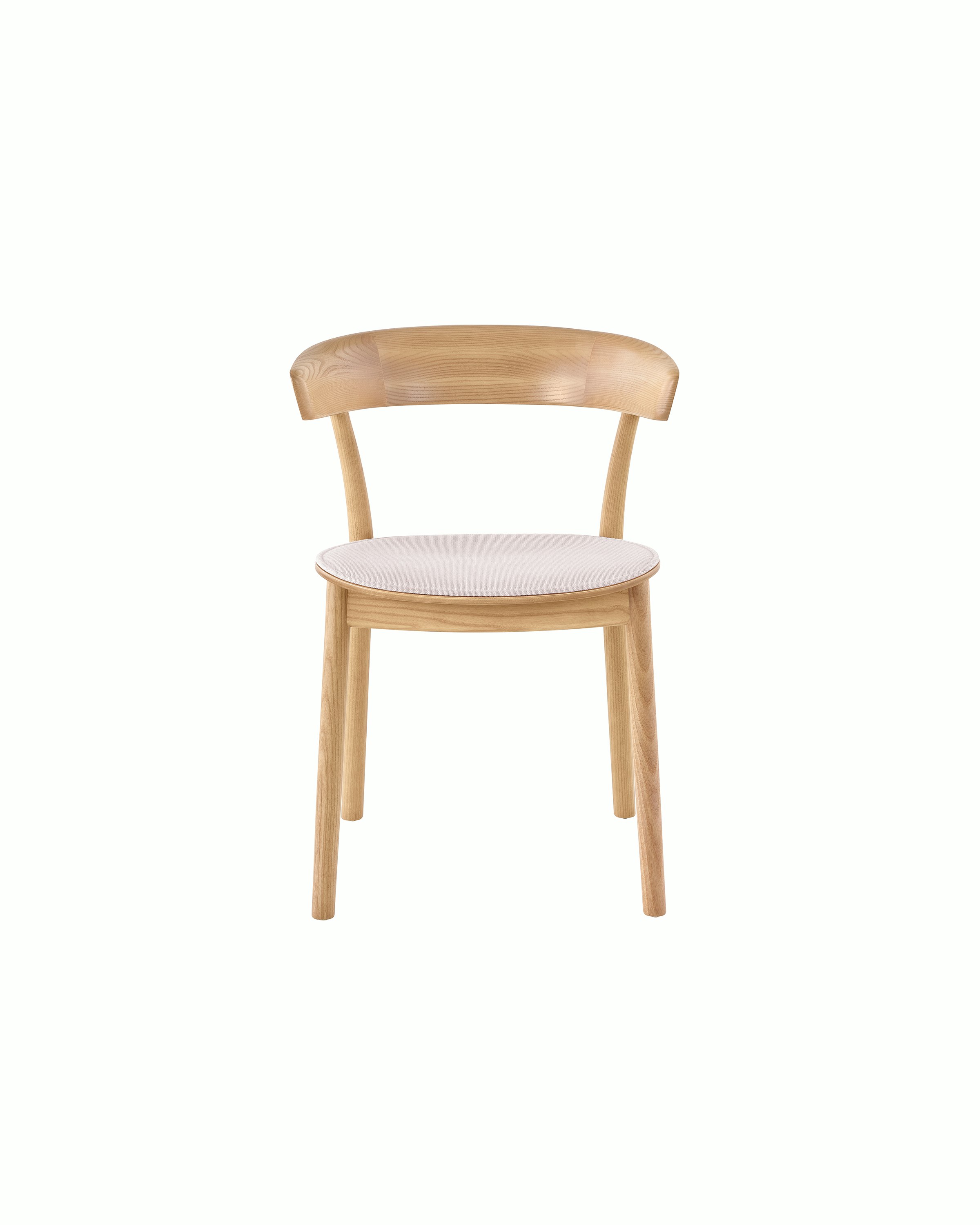 An oak colored Leeway Chair featuring a pink seat cushion.