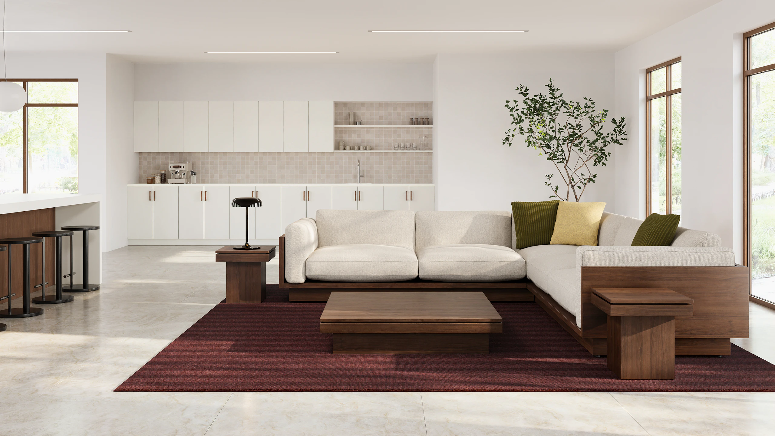 Brown Pawson Drift Coffee and Side Tables with a brown and white Pawson Drift Sectional Sofa.