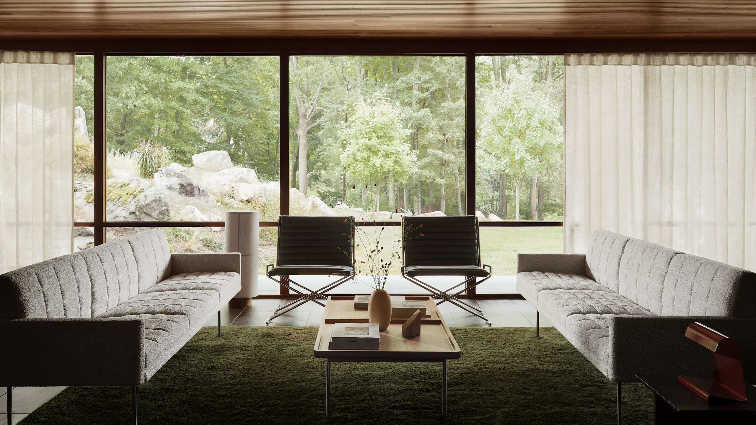 Tuxedo Component Sofas and Coffee Table by Bassam Fellows for Geiger, sofa in Dove Prisina Textile, coffee table in oak, shown in a lounge setting with a Sled Chair.