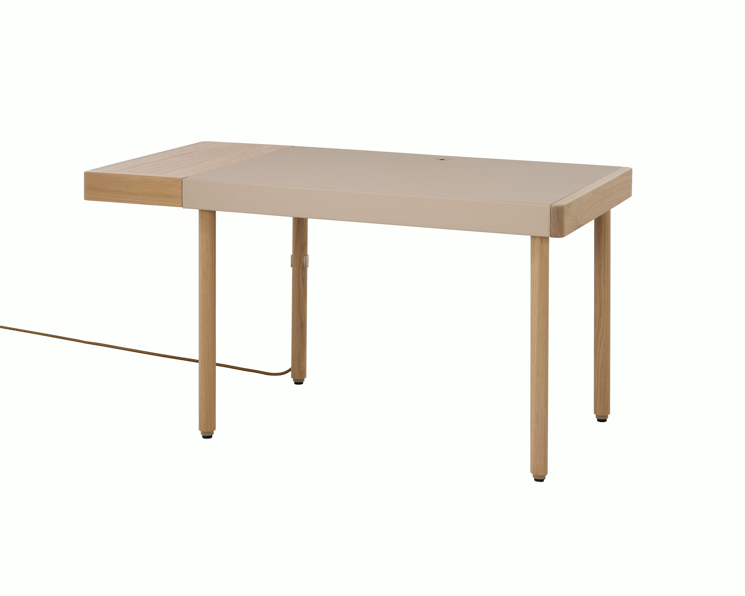 New Canaan Leatherwrap Sit-to-Stand Desk in Oak and Champagne Leather, one drawer, with cord, angled view.