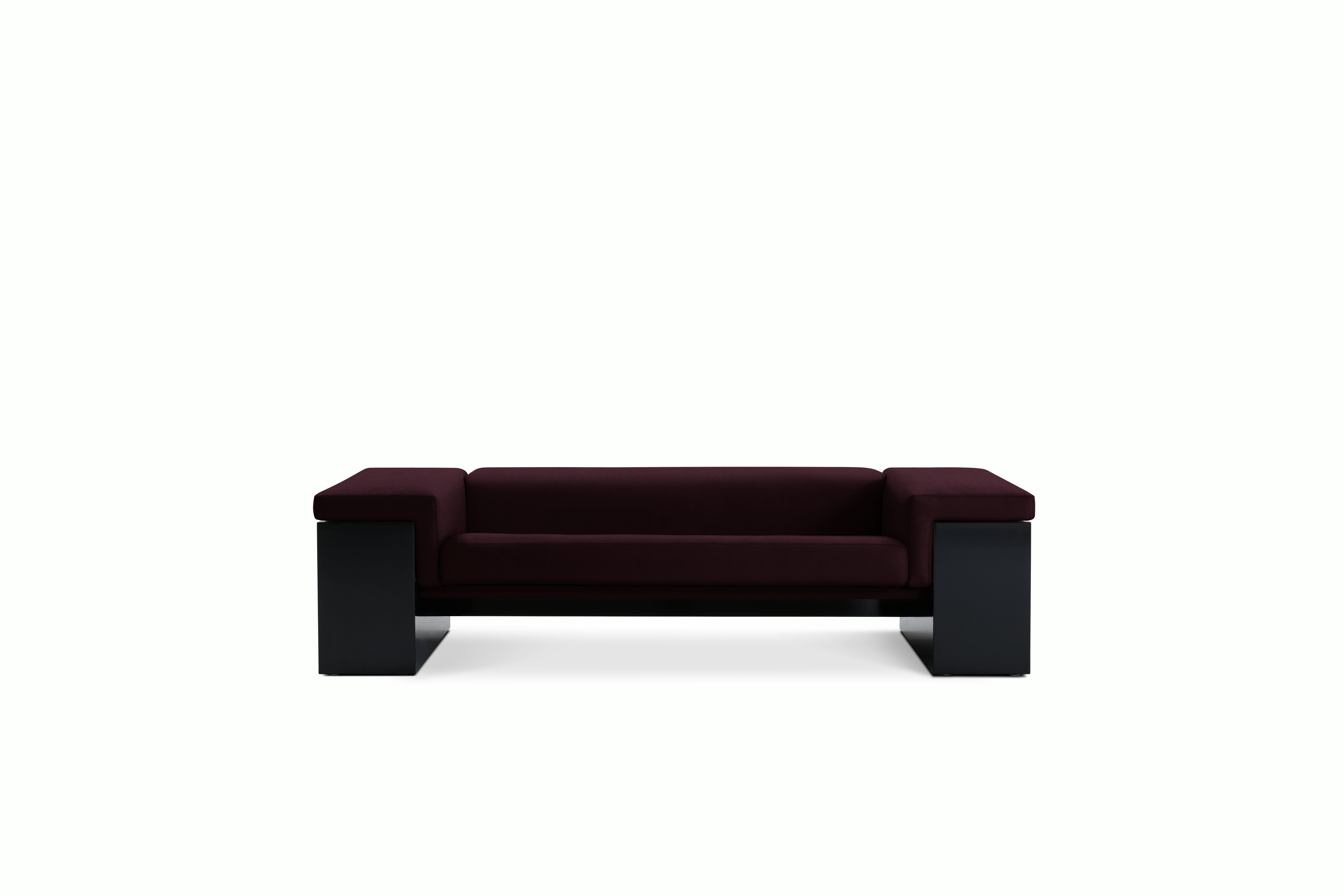 A Brigadier Sofa in Burgundy and Black viewed from the front.