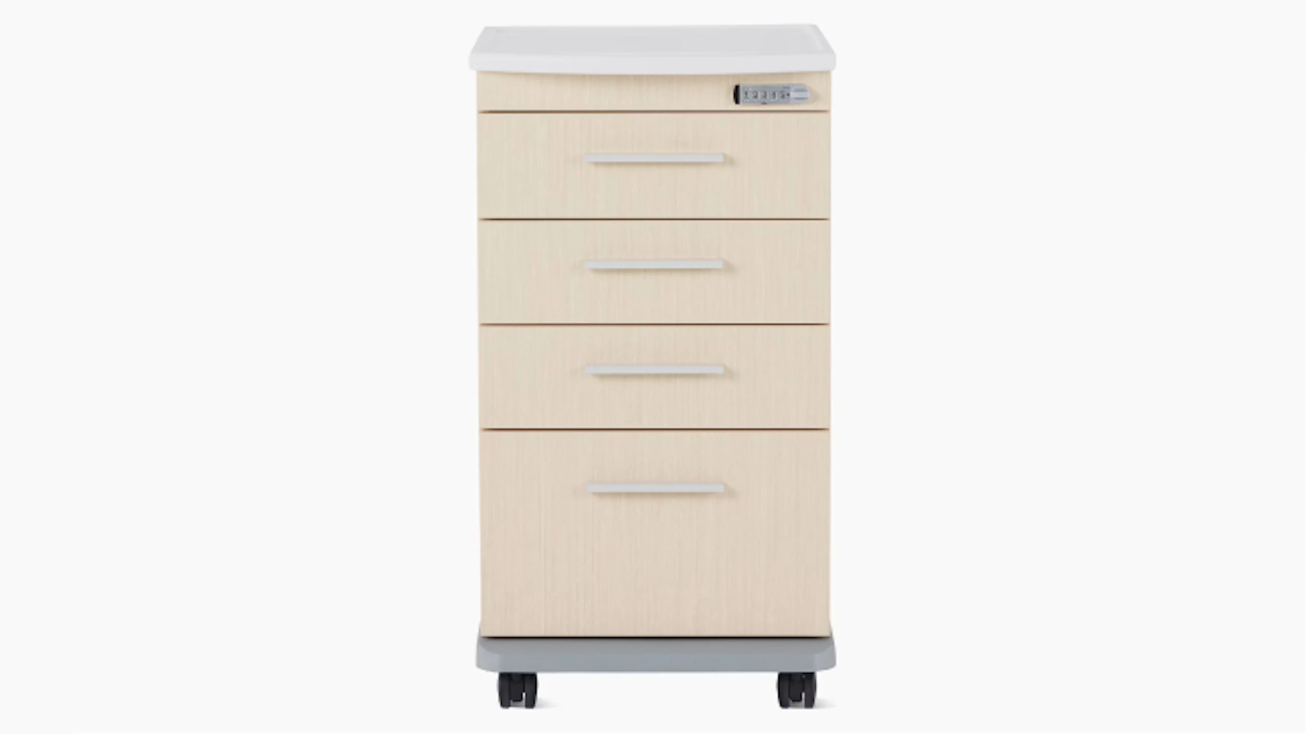 Front view of a Mora casework four-drawer supply cart in a light ash finish and a white solid surface top.