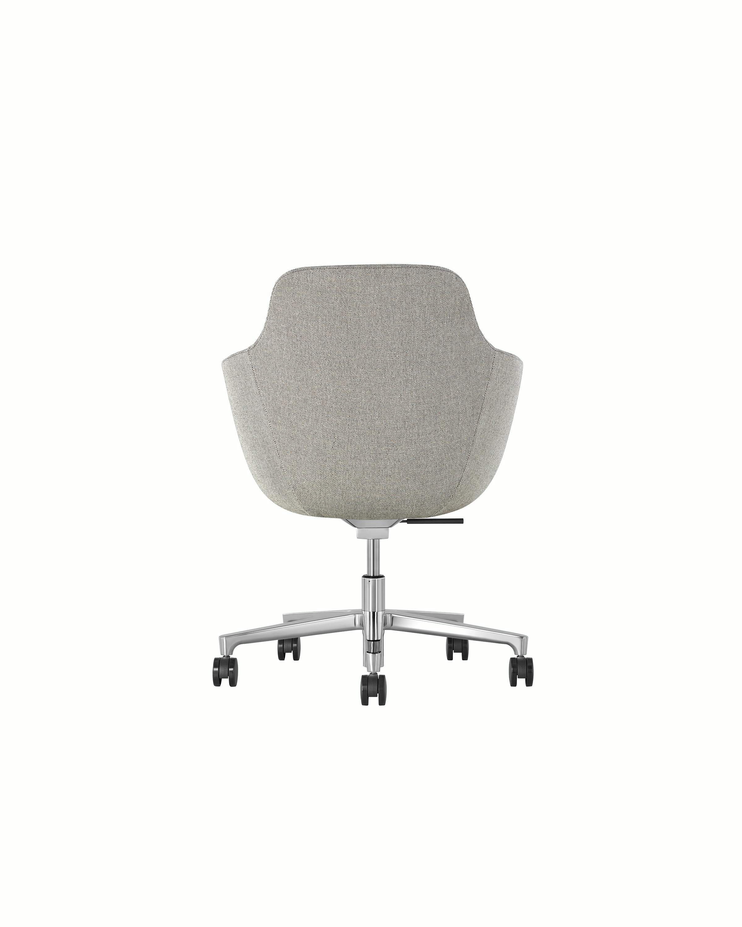 A Saiba Chair with light upholstery and casters, viewed from the back.
