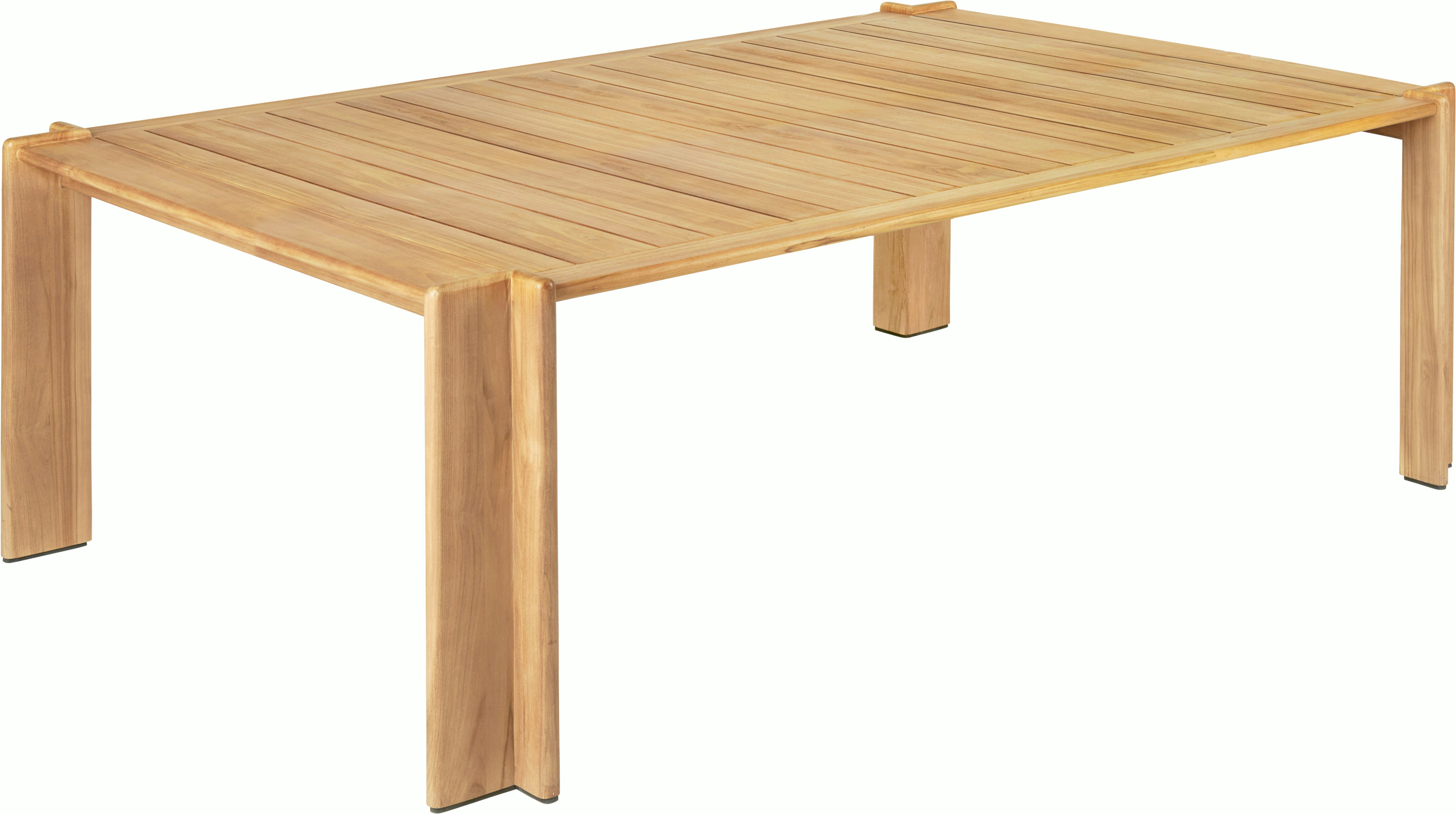 A Atmosfera Dining Table in Natural Teak viewed from an angle.